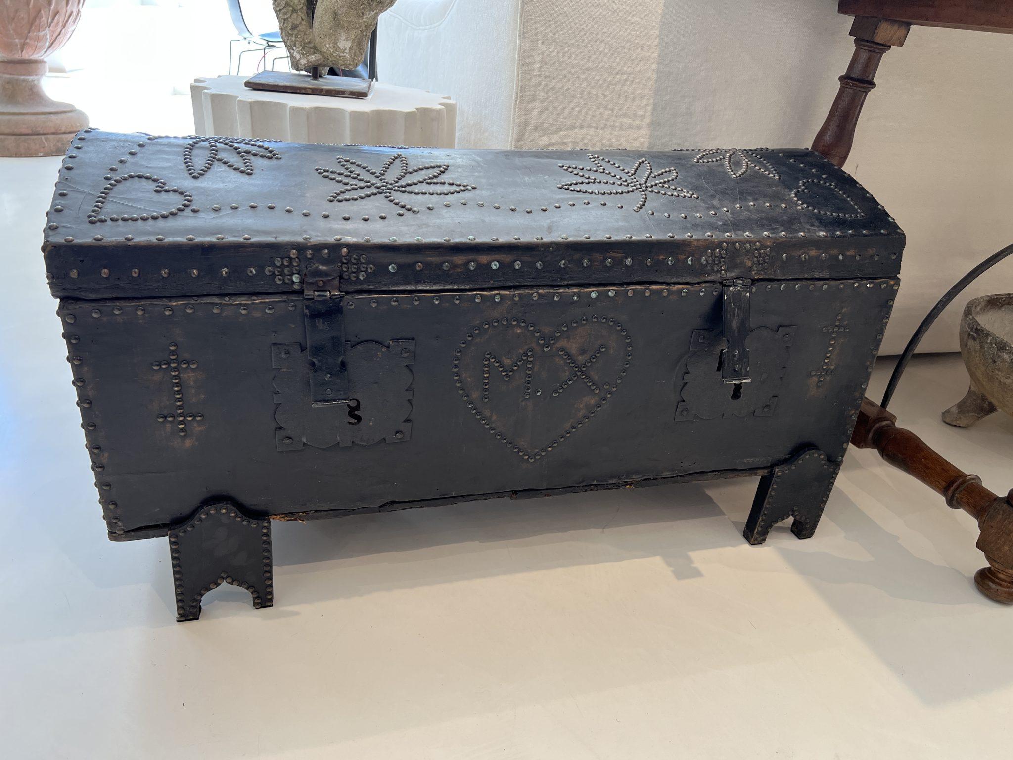 French 19th Century Black Leather Trunk on Stand with MX Monogram For Sale