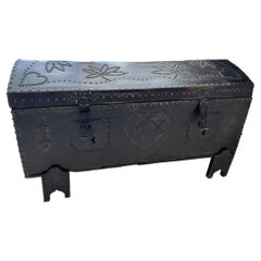 Antique 19th Century Black Leather Trunk on Stand with MX Monogram