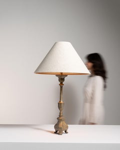 19th Century Black Metal Table Lamp with Fabric Shade, France, Antique