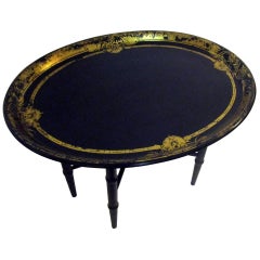 19th Century Black Oval English Papier Mâché Tray Coffee Table