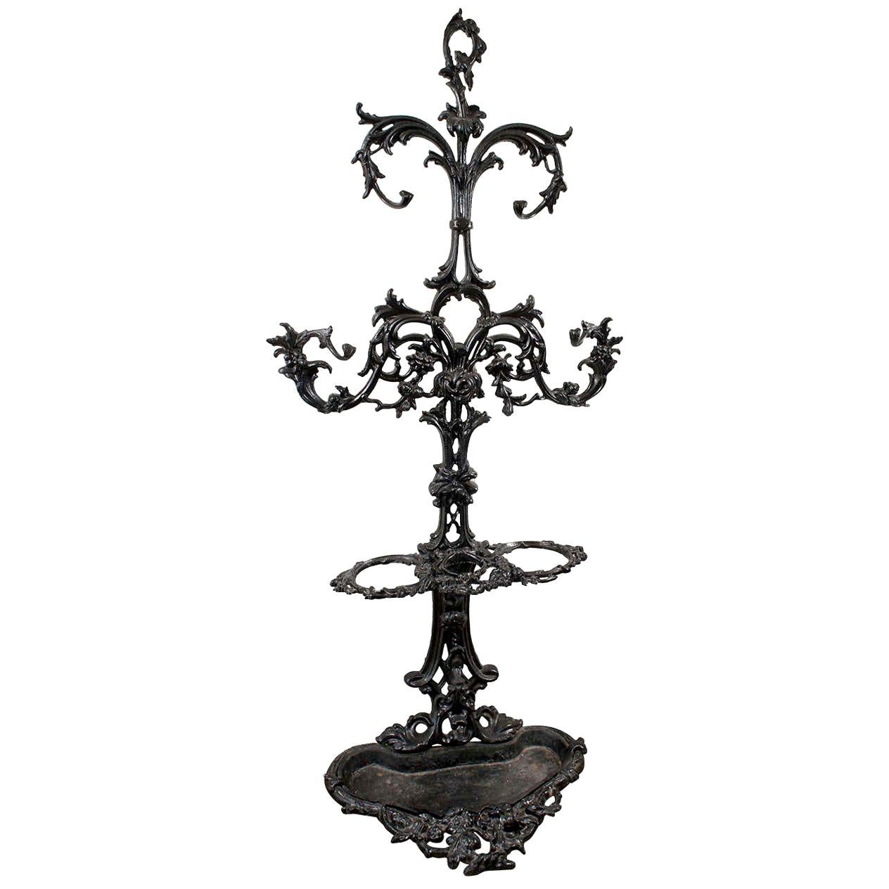 19th Century Black Painted Cast Iron Hall Tree For Sale