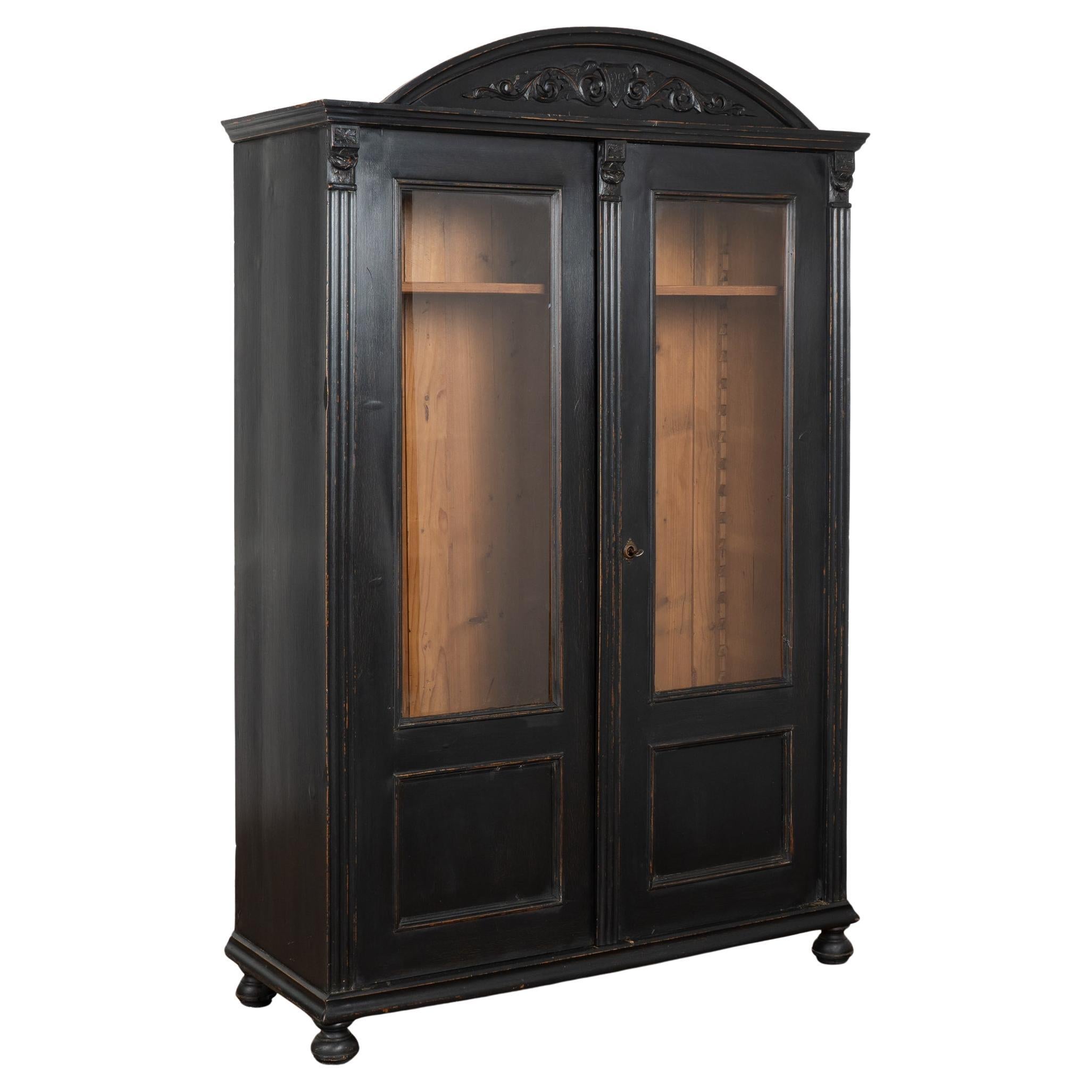 19th Century Black Painted Pine Bookcase Display Cabinet For Sale