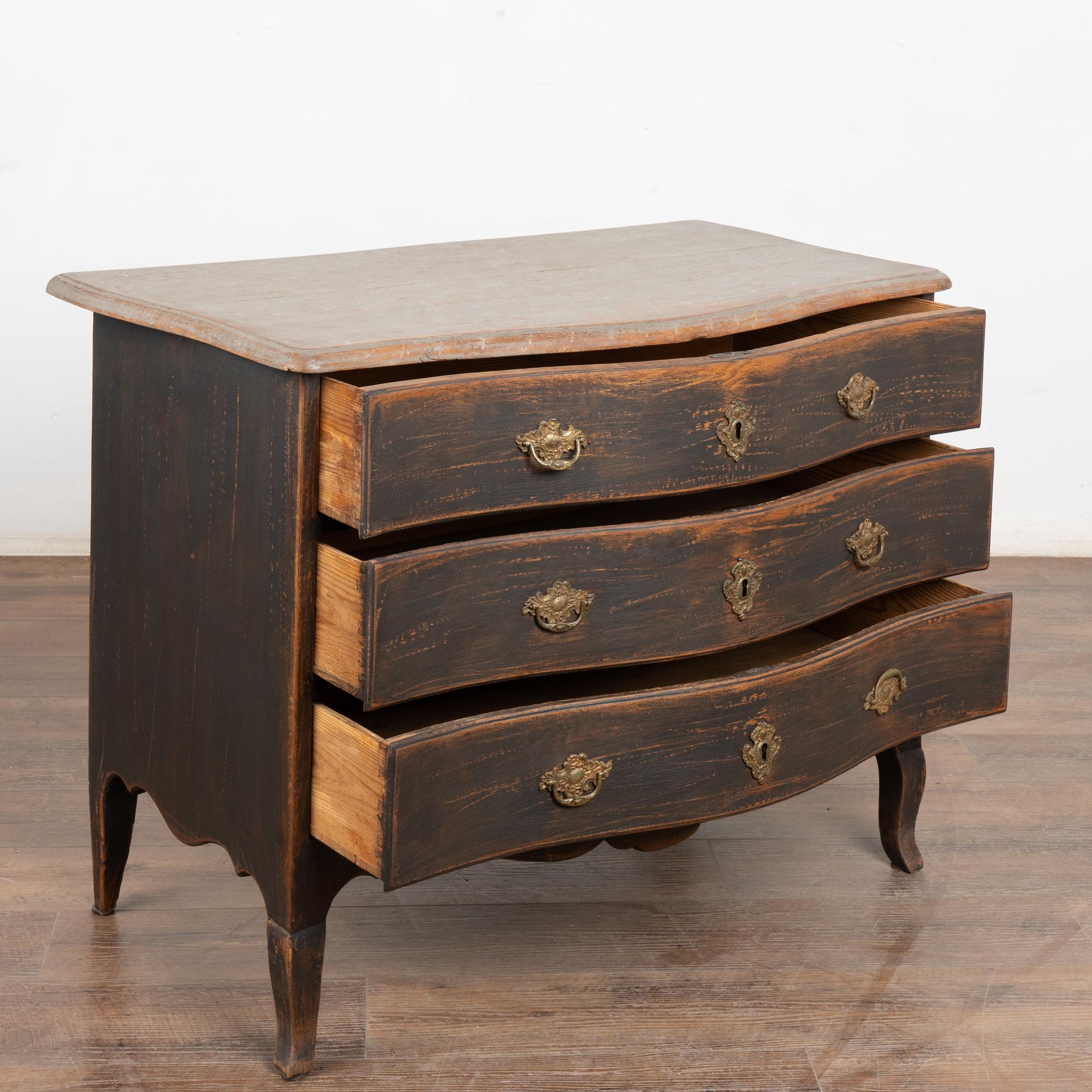 Swedish 19th Century Black Painted Rococo Pine Chest of Three Drawers, Sweden For Sale