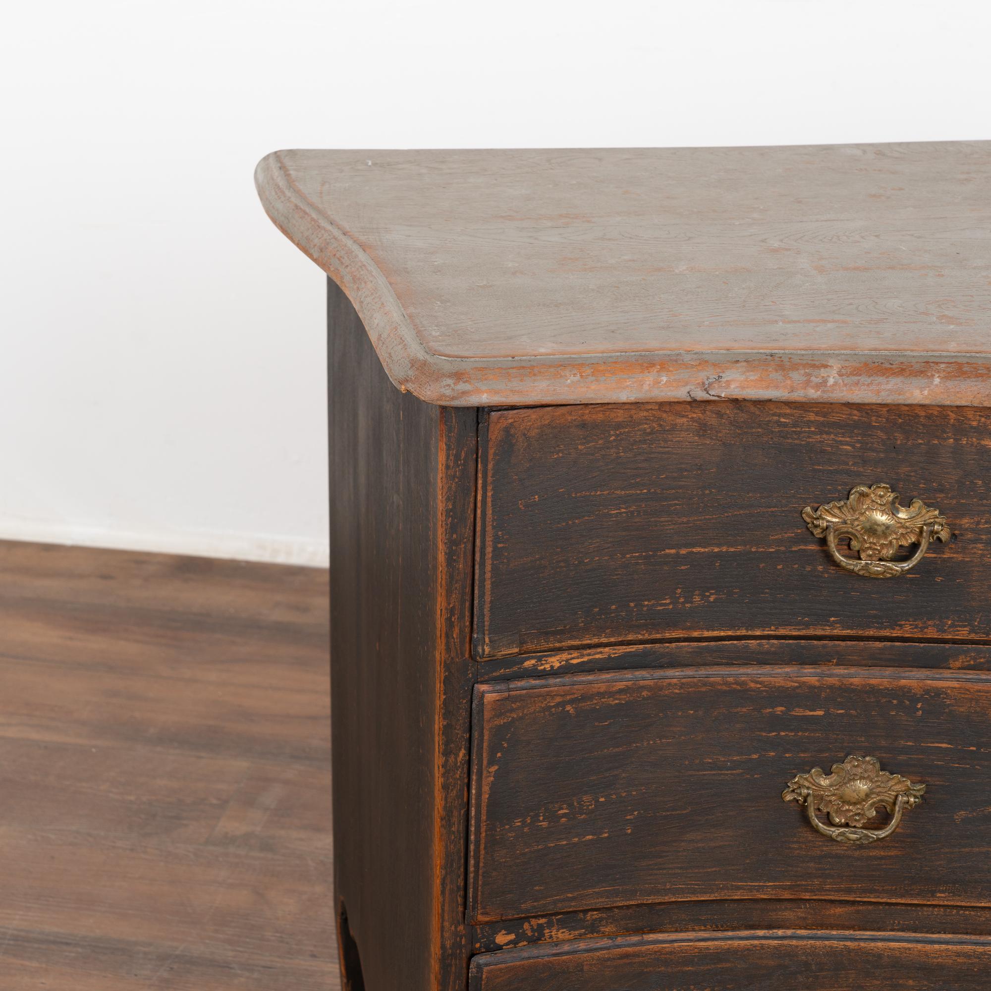 19th Century Black Painted Rococo Pine Chest of Three Drawers, Sweden For Sale 2