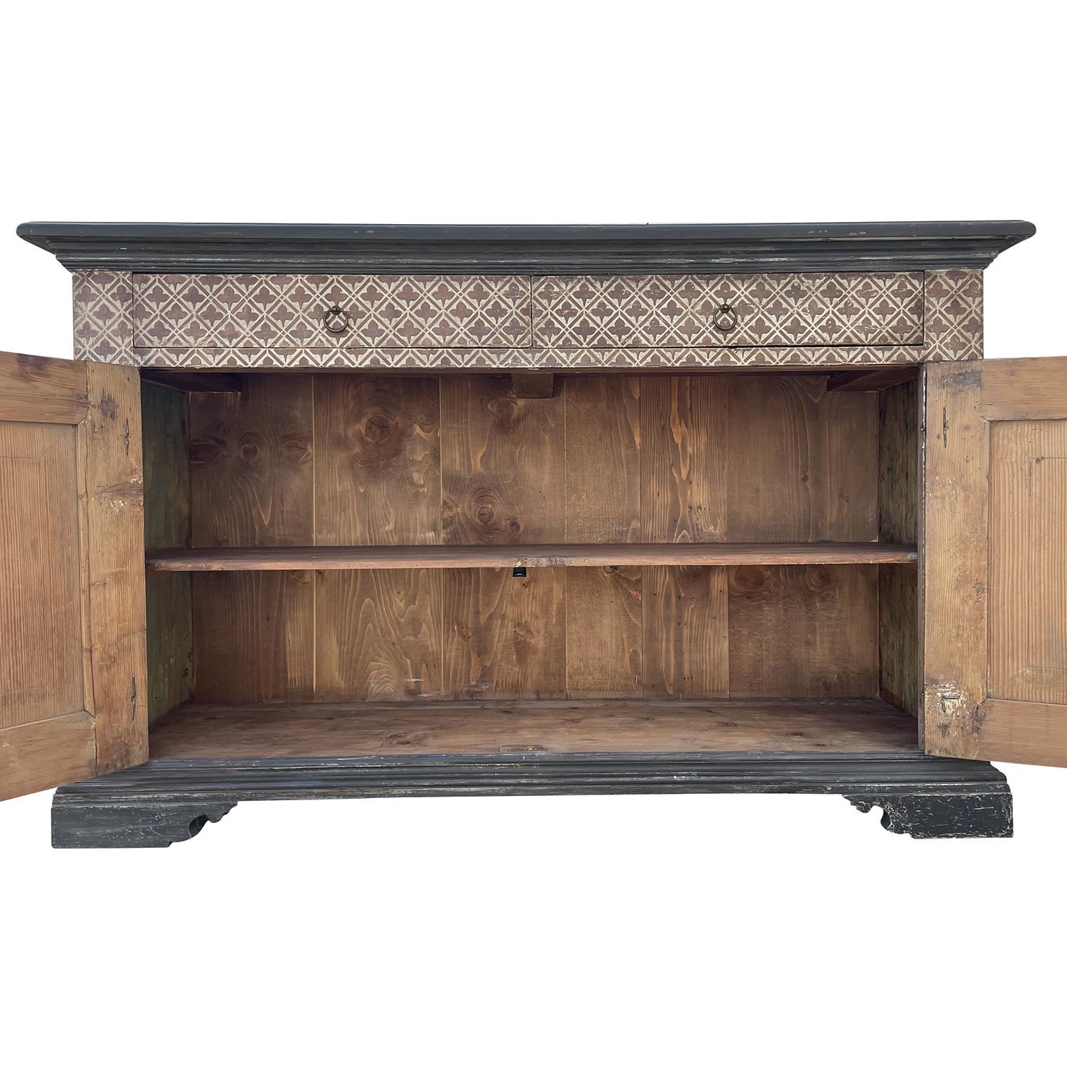 Hand-Carved 19th Century Black-Red Italian Painted Pine Cabinet - Tuscan Console Table