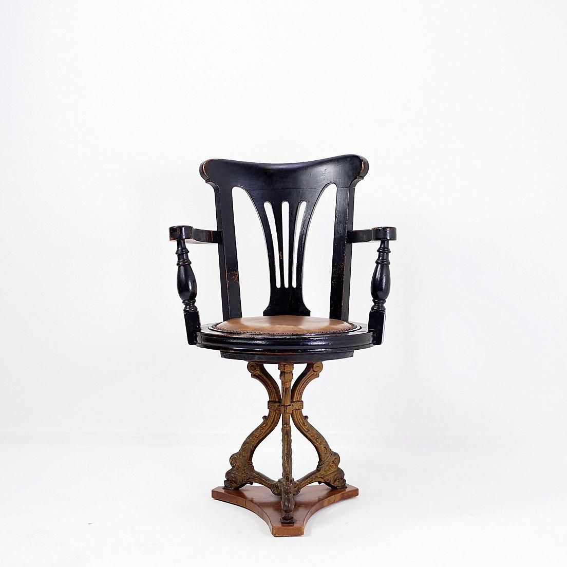 19th century black stained oak liner Ship's Swivel Chair For Sale 6
