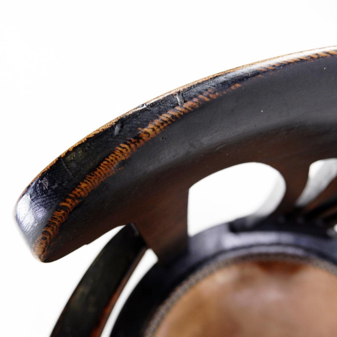 19th century black stained oak liner chairs
Nautical decoration - paquebot - Antique
Measures : 54cmx47cm H86cm HS:44cm 
Materials : Wood - Leather - Cast iron
Wear consistent with age and use : Minor Structural Damages/See Photos  
 