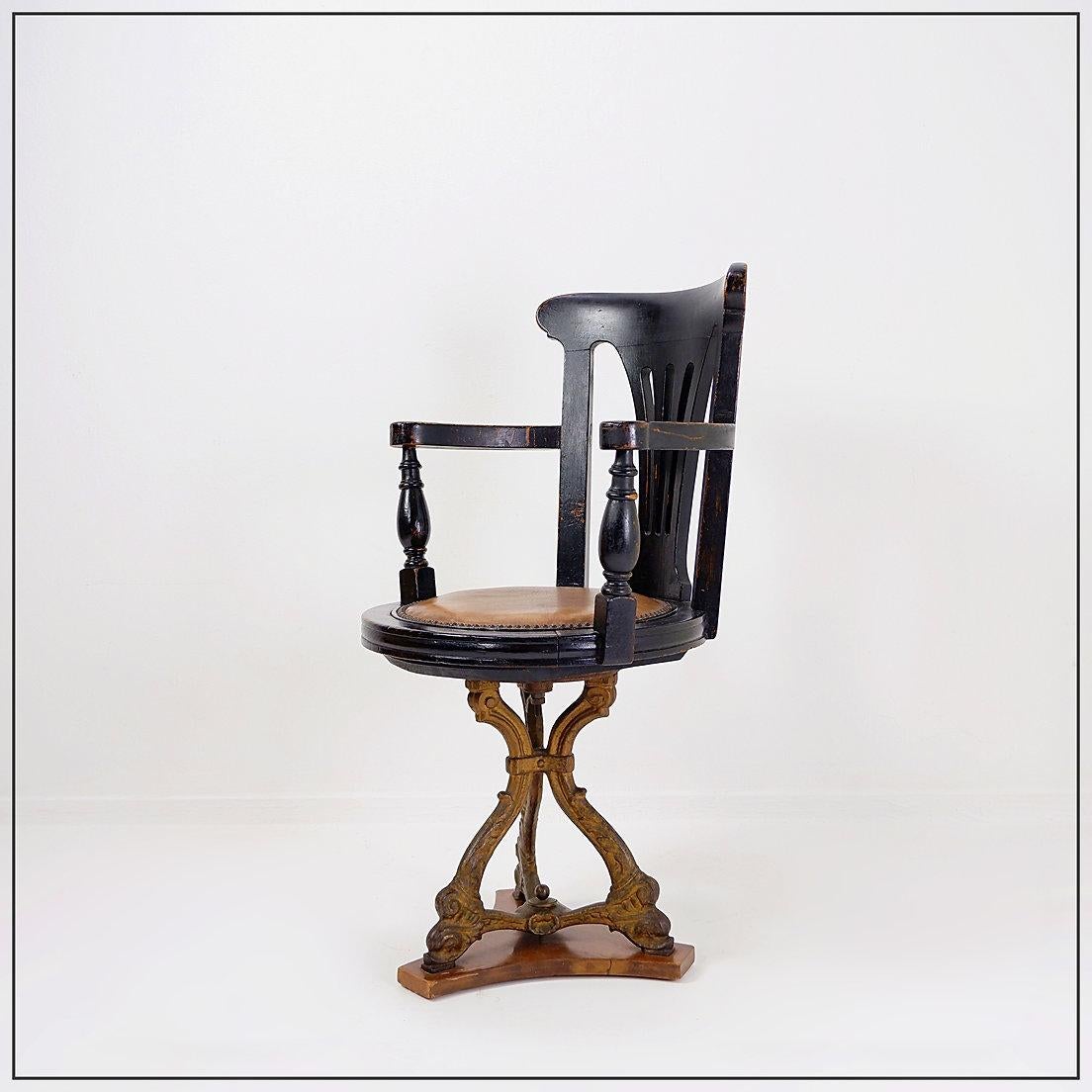 19th century black stained oak liner Ship's Swivel Chair For Sale 2