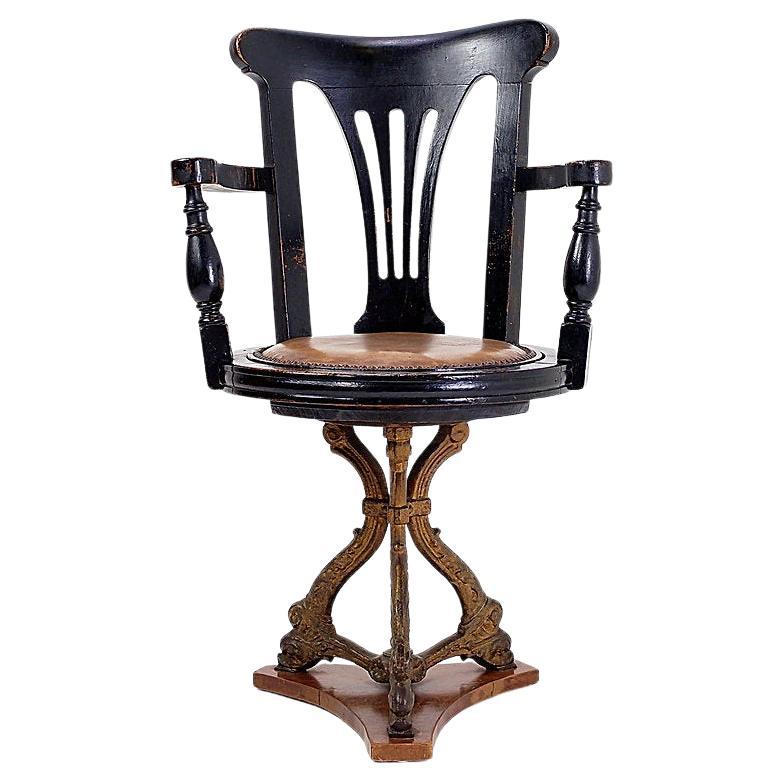 19th century black stained oak liner Ship's Swivel Chair For Sale