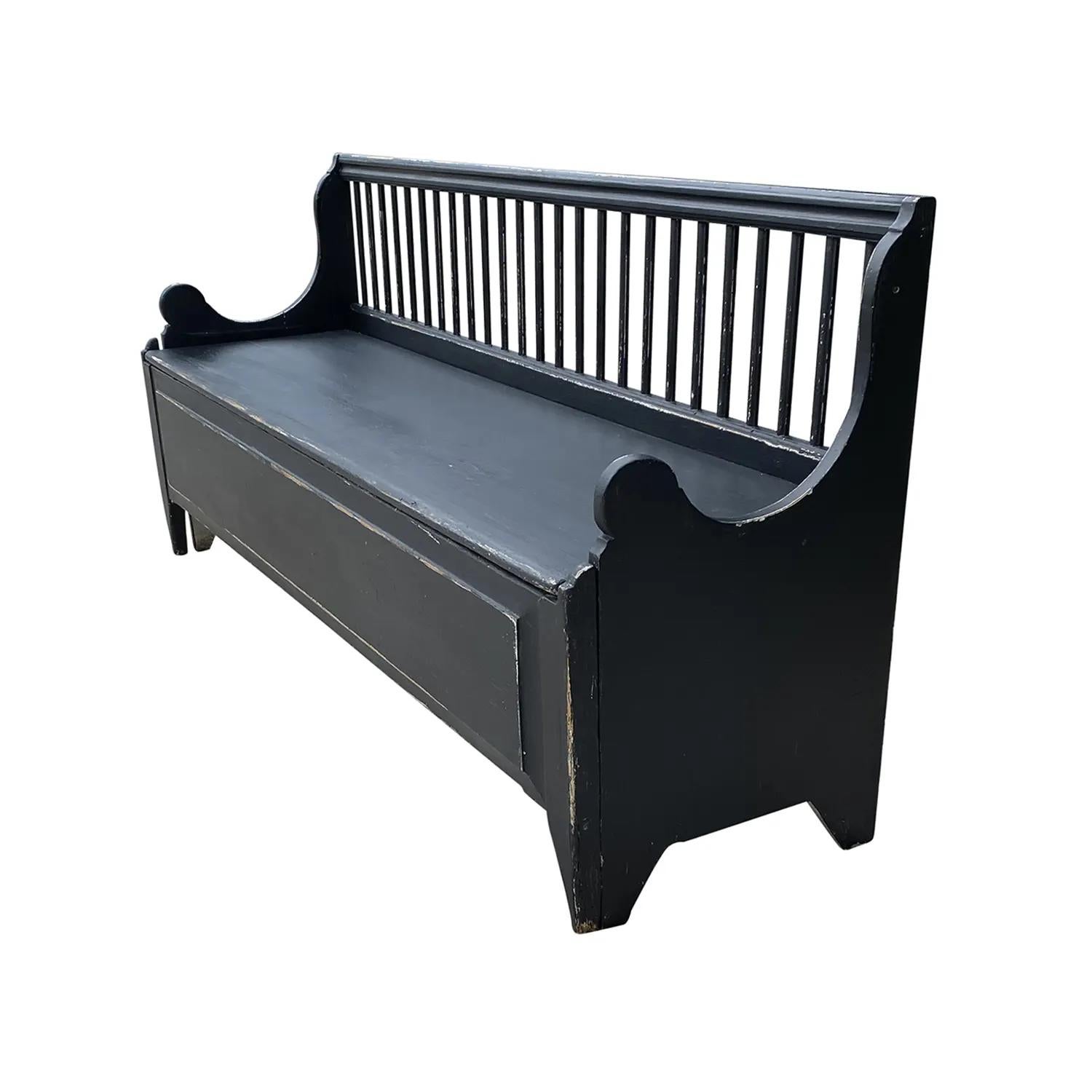 19th Century Black Swedish Gustavian Fållbänk, Antique Pinewood Fall Bench In Good Condition For Sale In West Palm Beach, FL