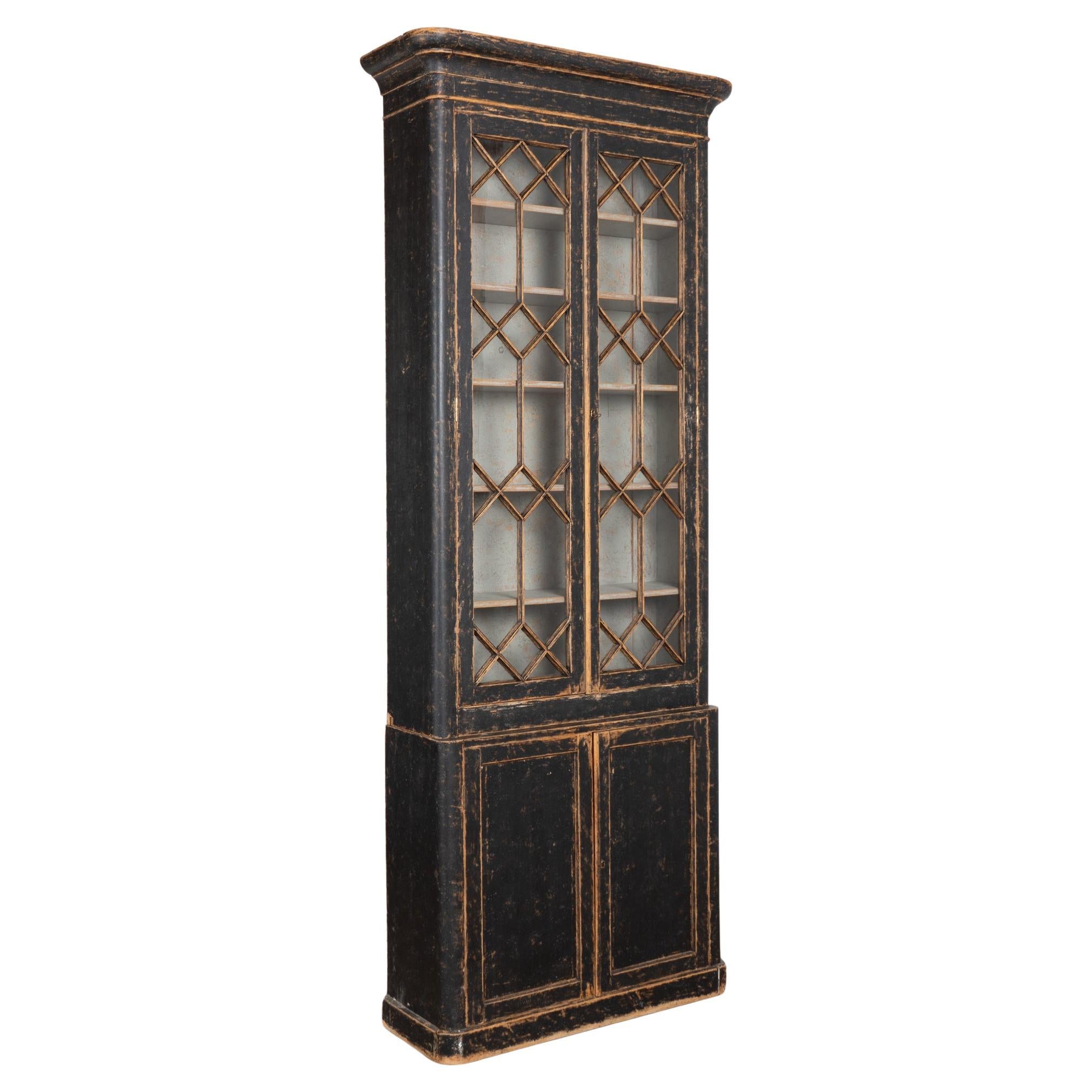 19th Century Black Swedish Pine Tall Narrow Bookcase Display Cabinet