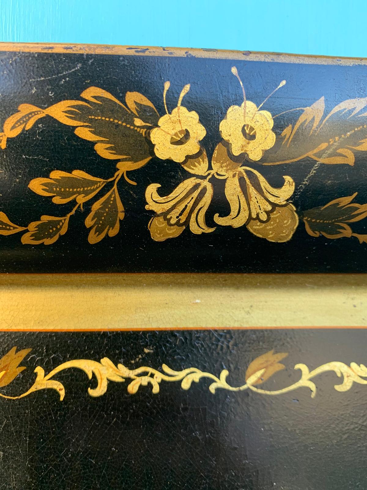 19th Century Black Tole Tray with Gilt Flower Border For Sale 1