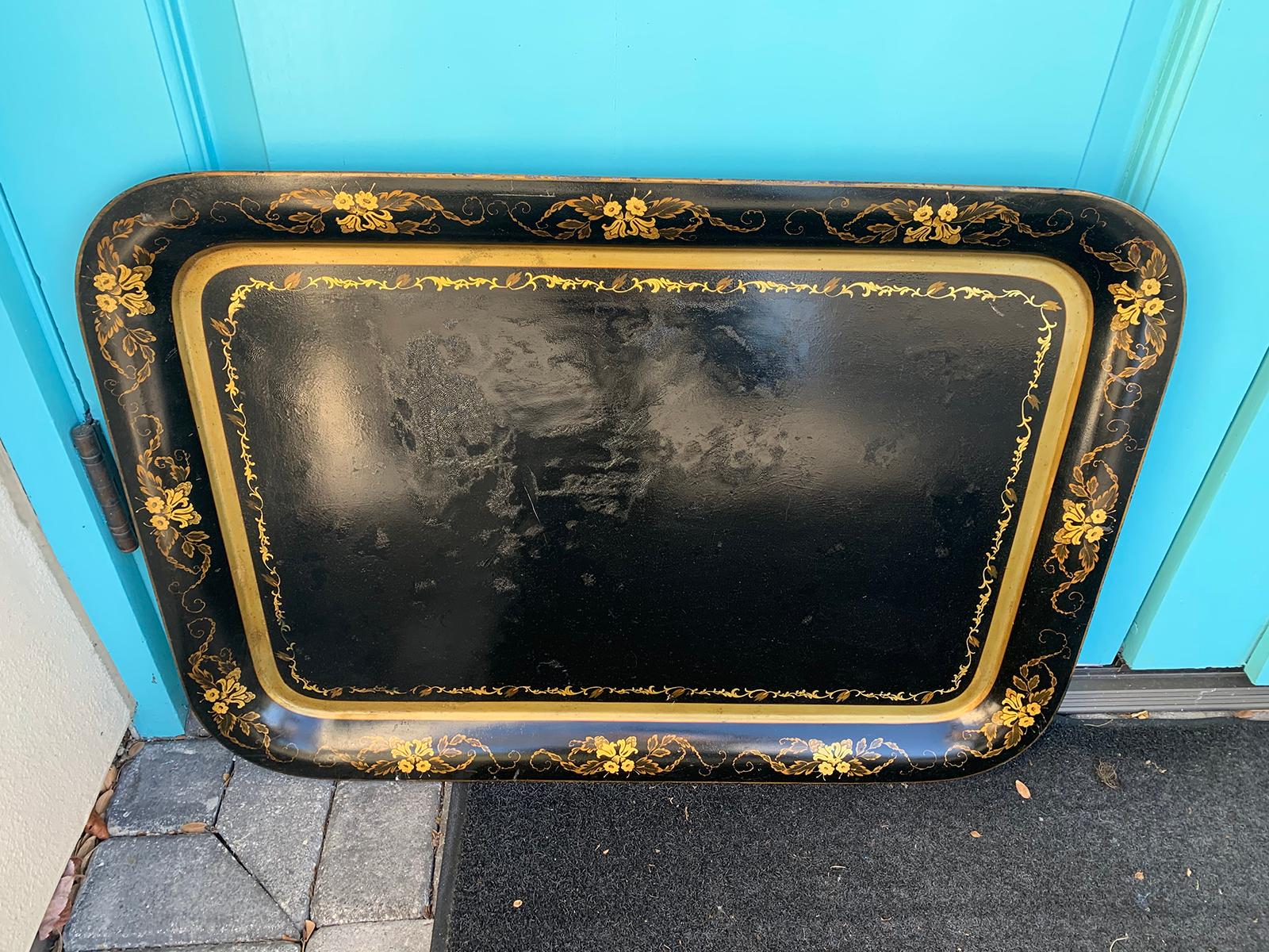 19th Century Black Tole Tray with Gilt Flower Border For Sale 2