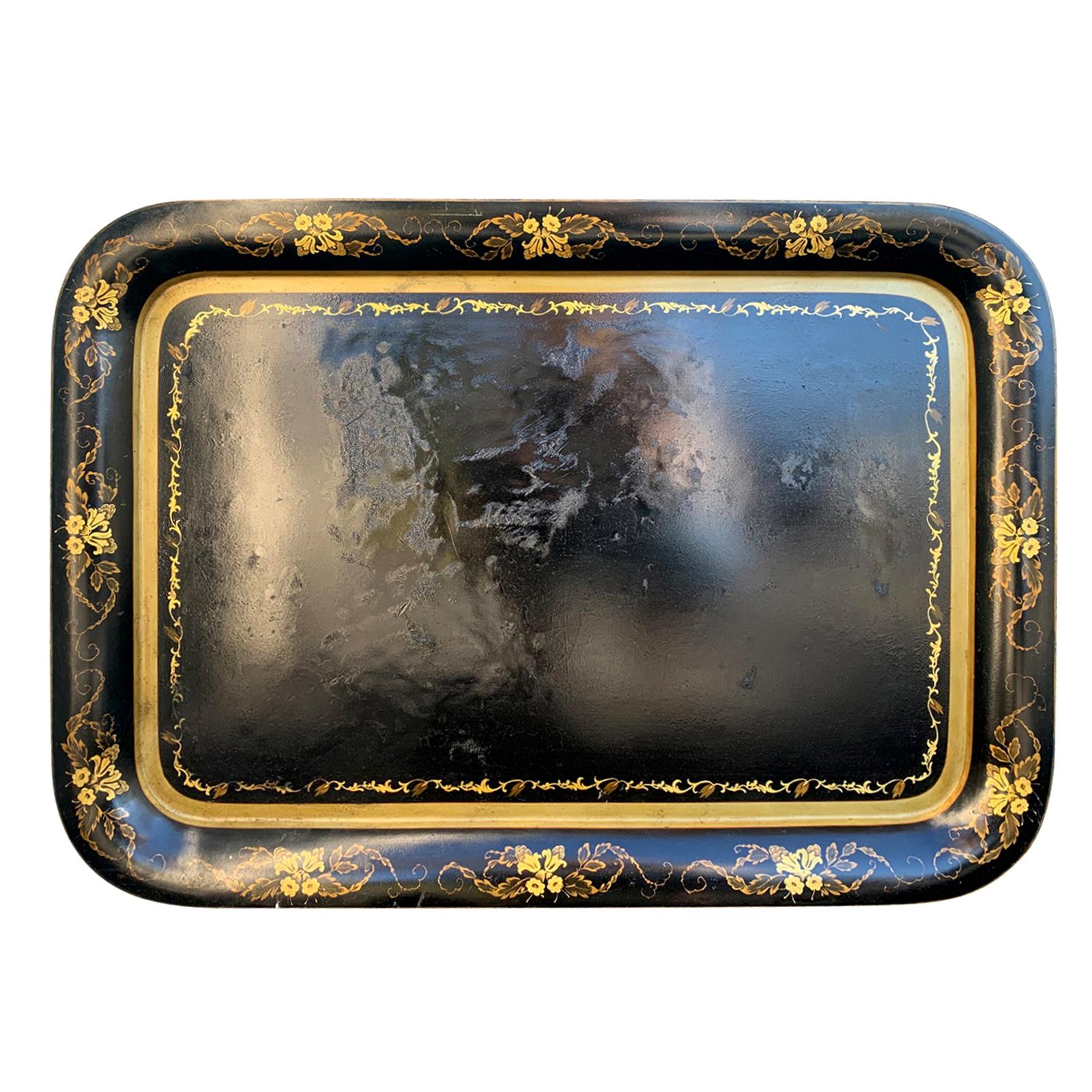 19th Century Black Tole Tray with Gilt Flower Border For Sale