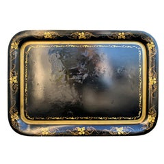 Antique 19th Century Black Tole Tray with Gilt Flower Border