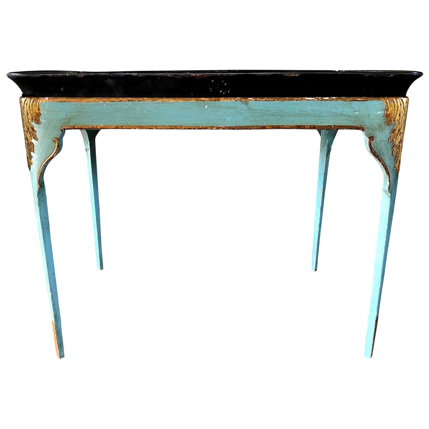 19th Century Turquoise Swedish Gustavian Tray Table - Antique Pine Side Table