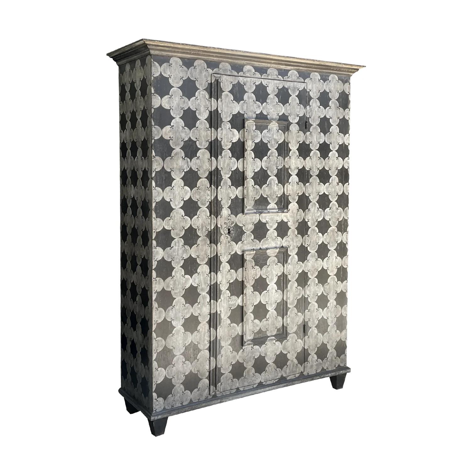 A black-white, grey antique Italian cabinet in the Arte Povera technique, made of hand crafted painted Pinewood, in good condition. The tall, rectangular Tuscan cupboard is composed with a single door, the inside consists three shelving detailed