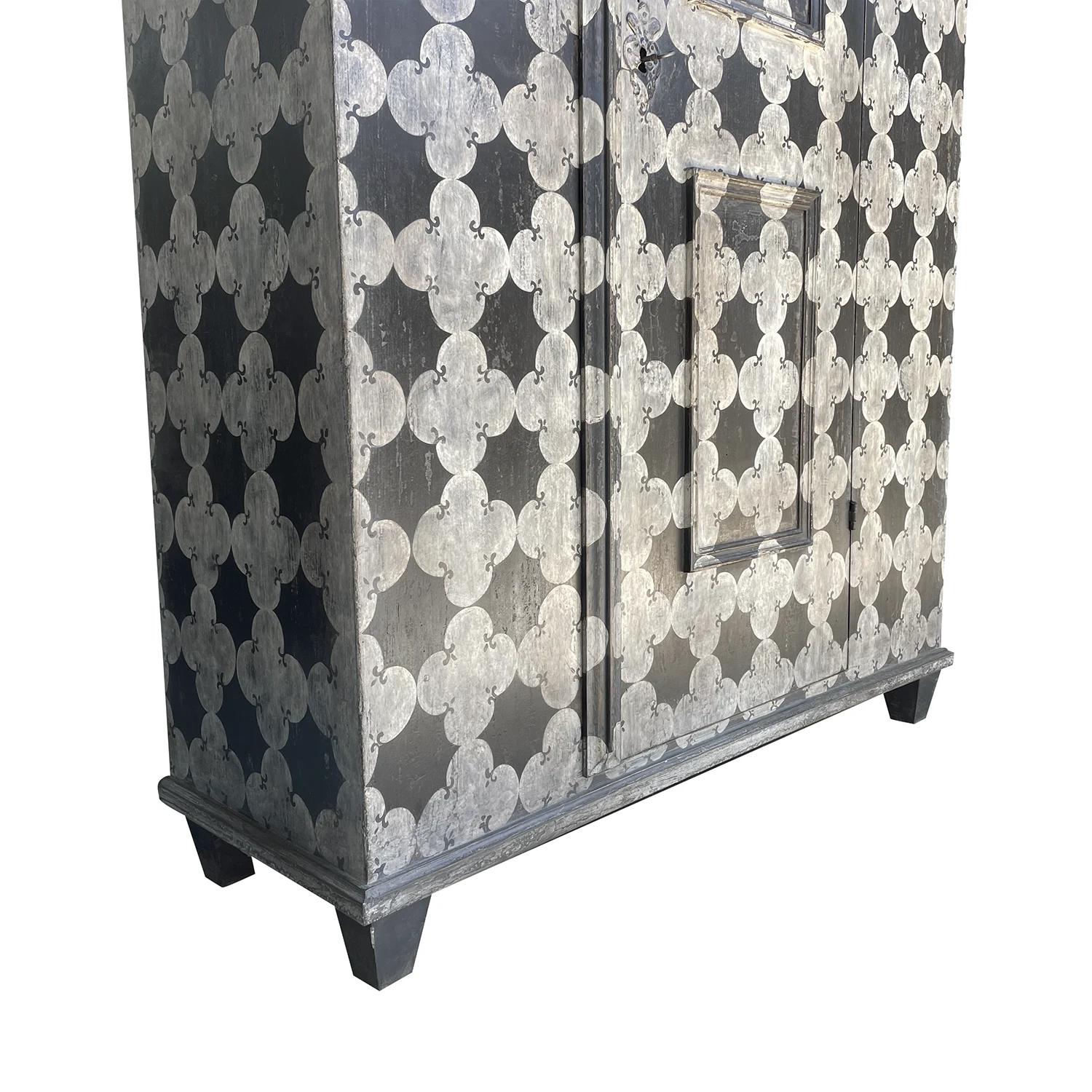 Metal 19th Century Black-White Italian Painted Pine Cabinet, Antique Tuscan Cupboard For Sale