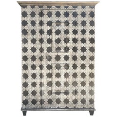19th Century Black-White Italian Painted Pine Cabinet, Antique Tuscan Cupboard