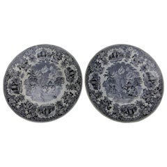 Antique 19th Century Black & White Transfer Ware Plates Showing Hanibal's Elephant Army