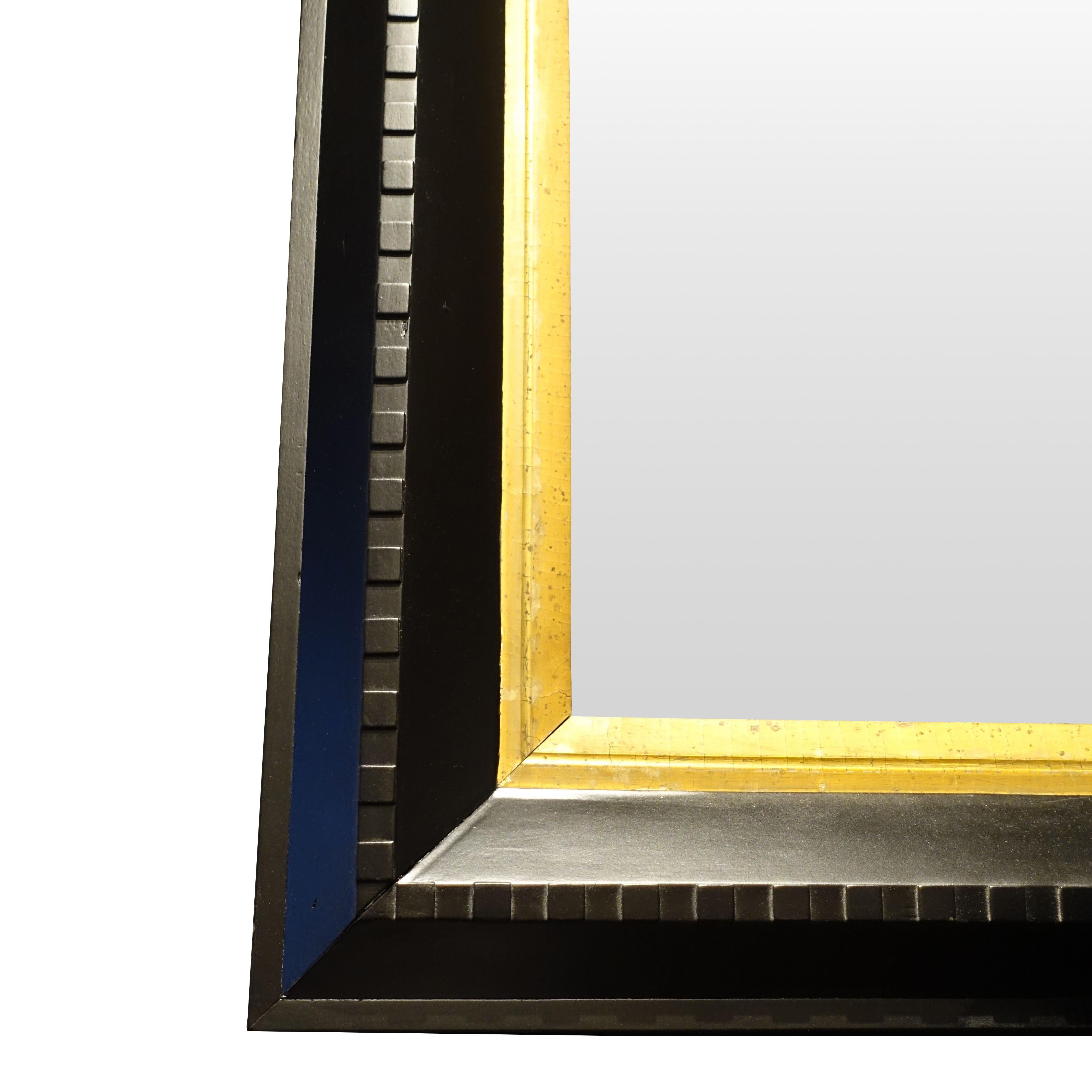 French 19th century black mirror with dental molding design. The inner moldings have a gold gild finish. Each mirror has original mercury glass.
