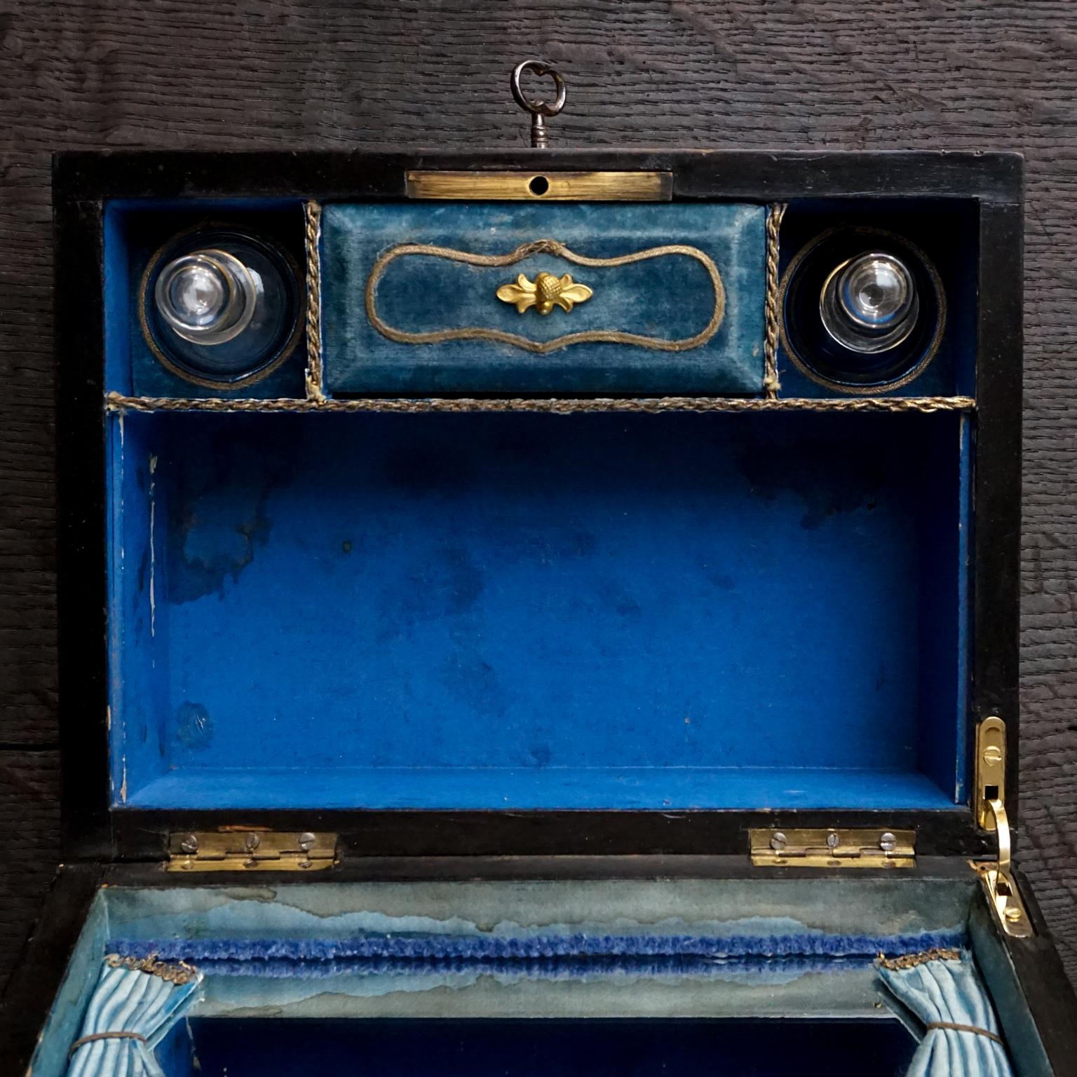 19th Century Blackened Wood Vanity, Sewing or Writing Box with Gilt Implements 6