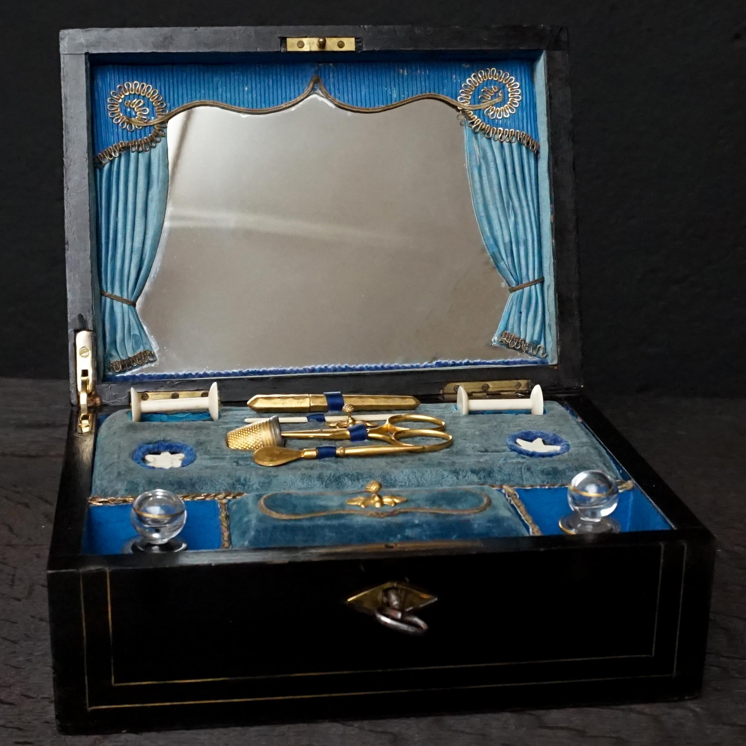 Victorian 19th Century Blackened Wood Vanity, Sewing or Writing Box with Gilt Implements