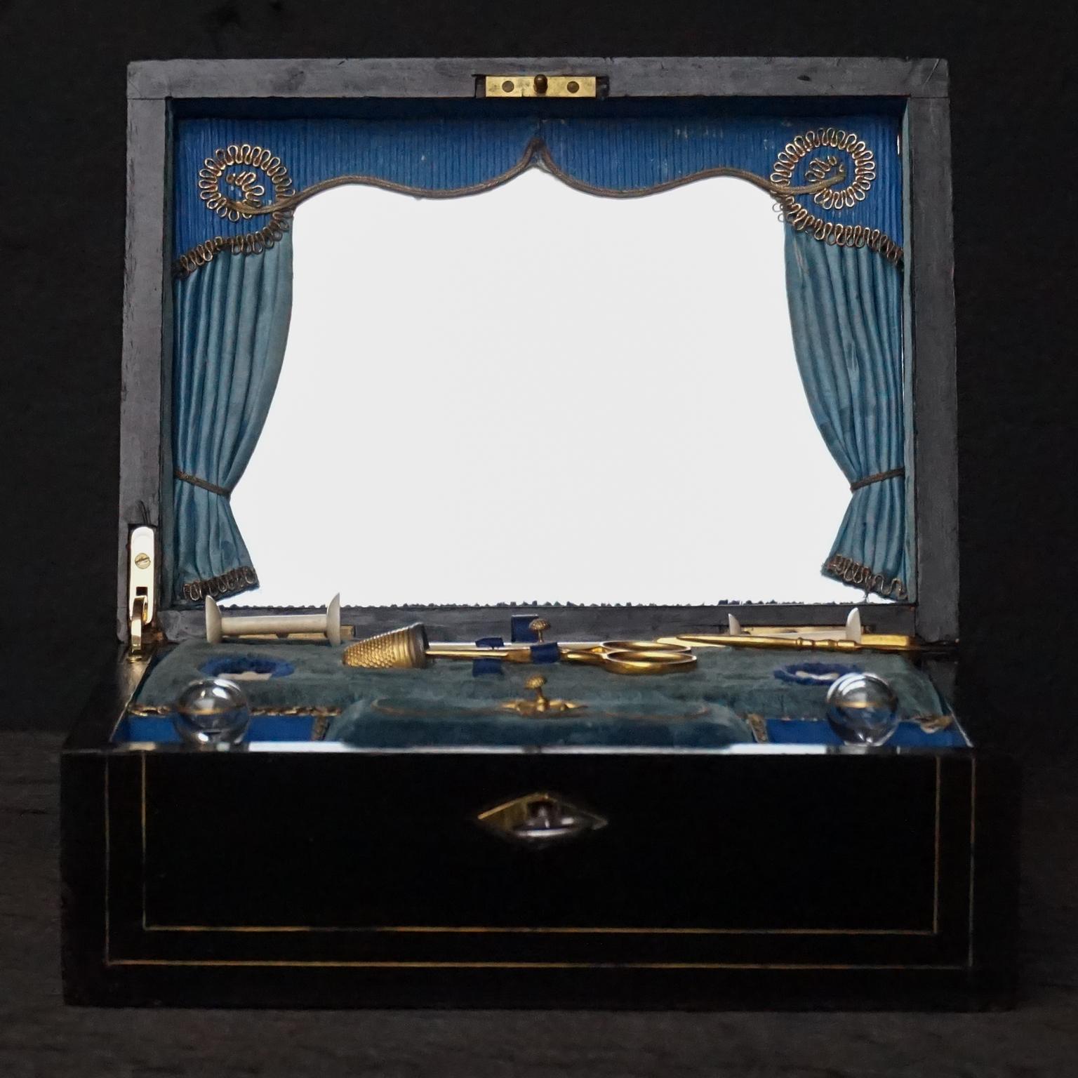 French 19th Century Blackened Wood Vanity, Sewing or Writing Box with Gilt Implements