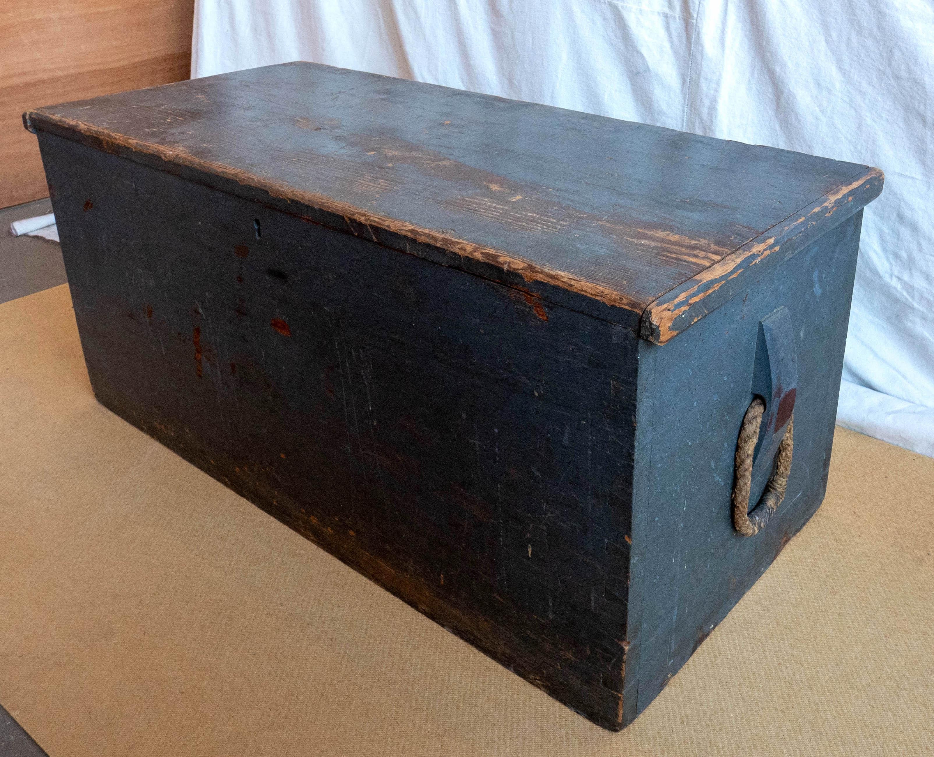 19th Century Blanket Chest in old blue paint with rope becket handle on right side, missing on left.