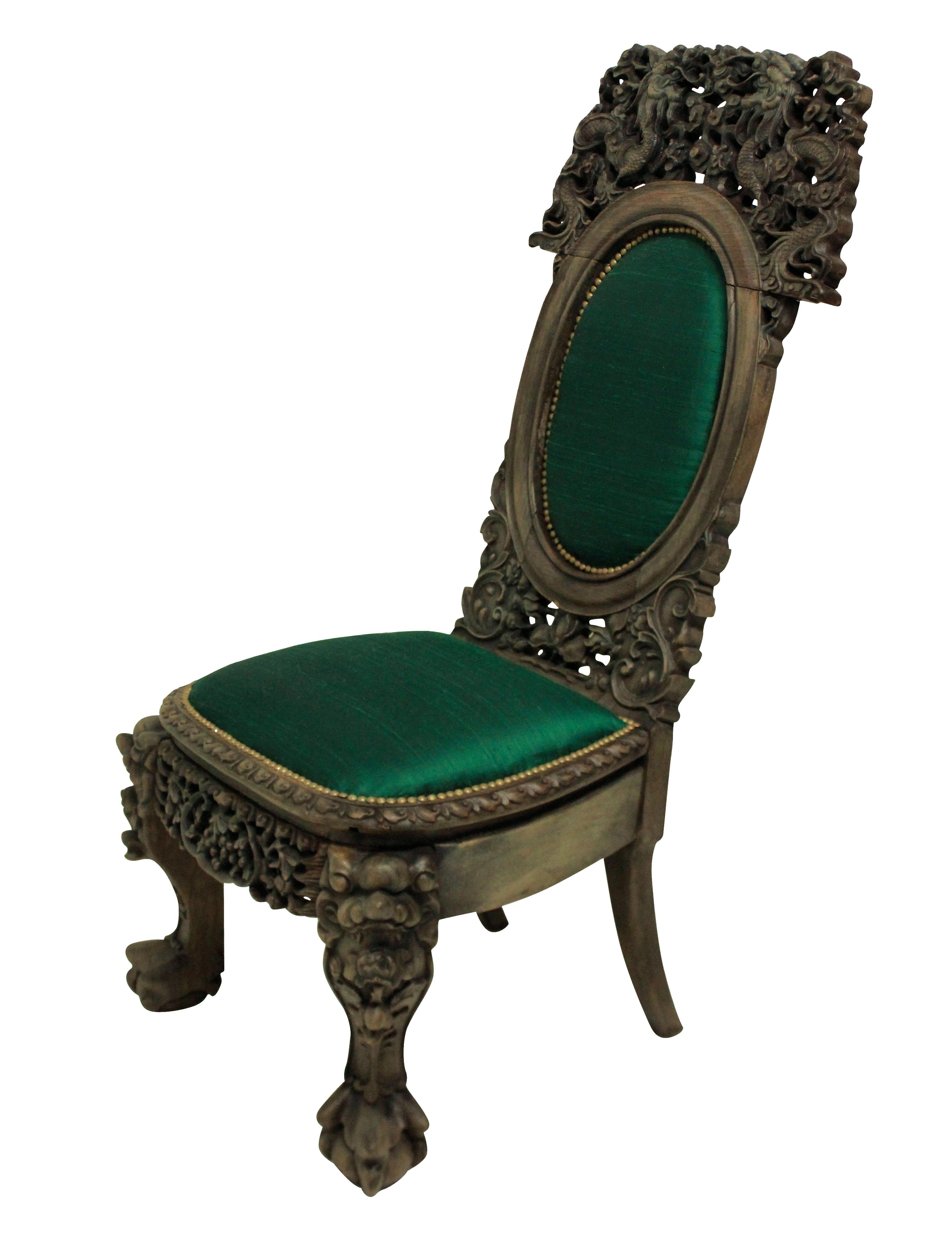 Late 19th Century 19th Century Bleached Hardwood Chinese Chair in Emerald Silk
