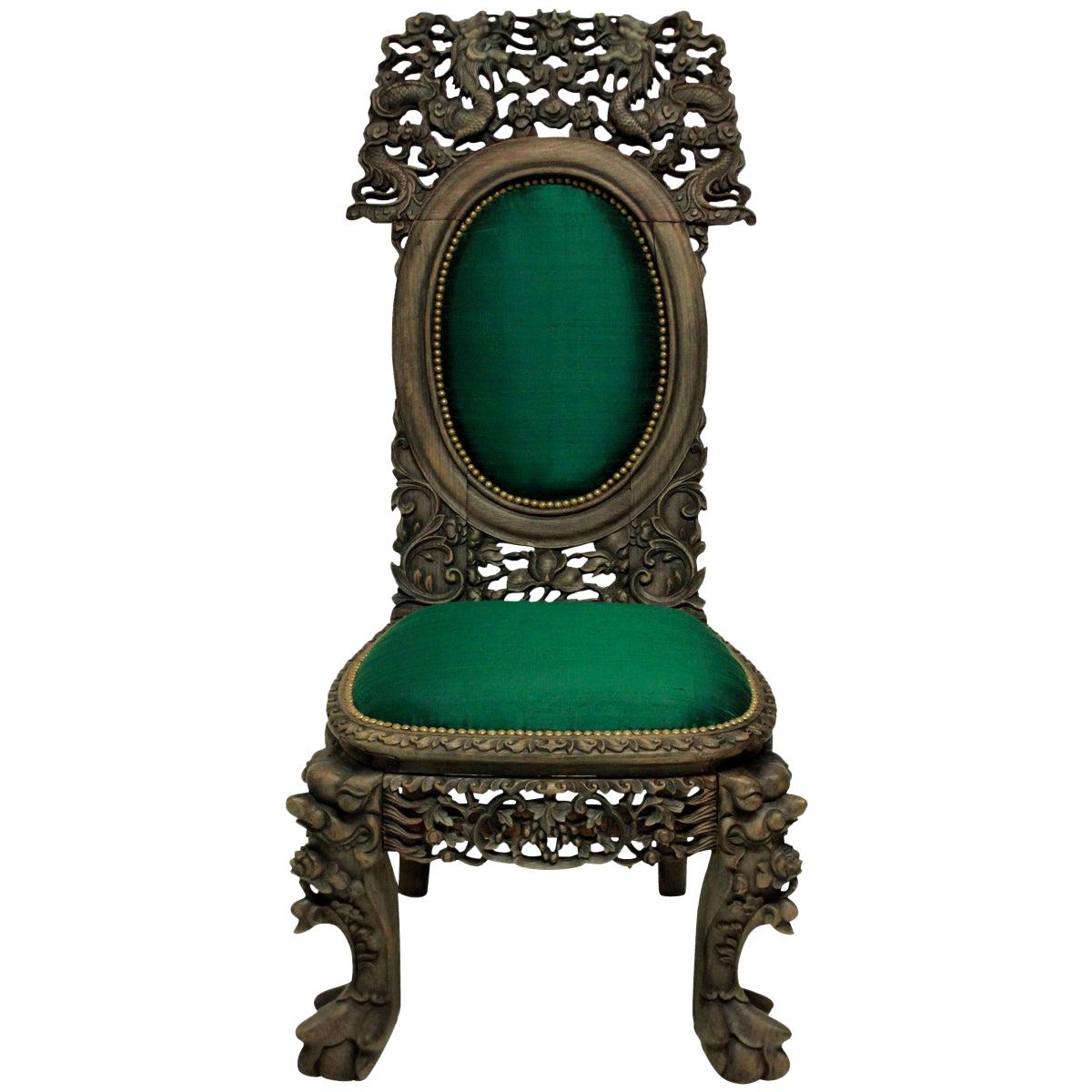 19th Century Bleached Hardwood Chinese Chair in Emerald Silk