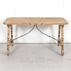 19th Century Bleached Oak Spanish Trestle Side Table with Iron Stretchers