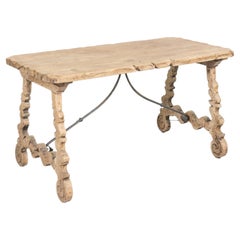 19th Century Bleached Oak Spanish Trestle Side Table with Iron Stretchers