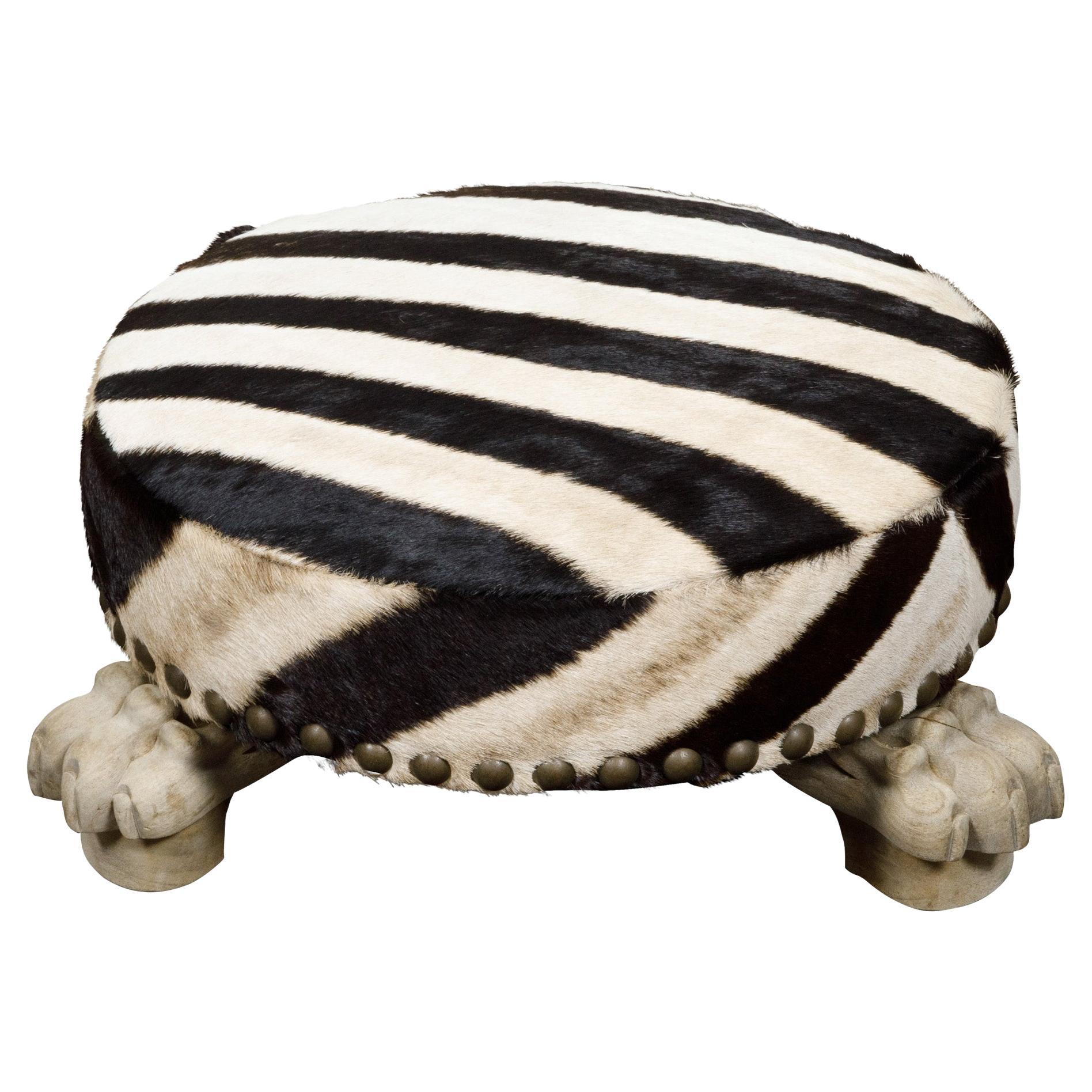 19th Century Bleached Oak Stool with Zebra Upholstery and Carved Lion Paw Feet
