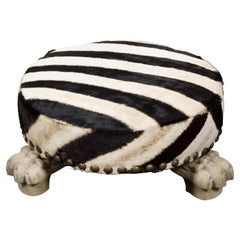 19th Century Bleached Oak Stool with Zebra Upholstery and Carved Lion Paw Feet