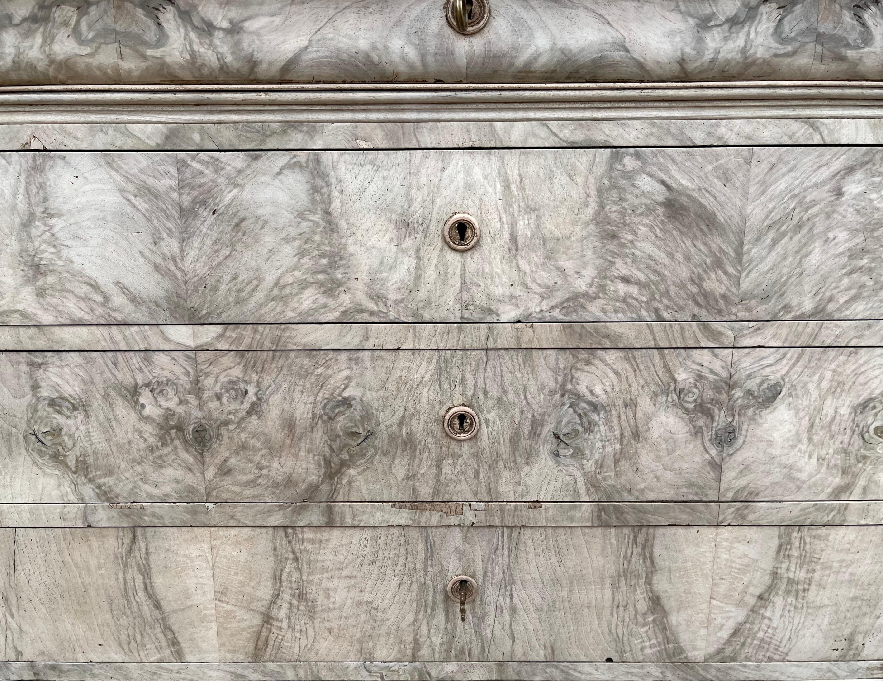 Cassettiera francese Louis Philippe in radica di noce sbiancata del XIX secolo 8