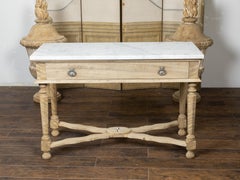 19th Century, Bleached Walnut Console Table with White Marble Top, Faceted Legs