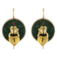 19th Century Blood Jasper 18 Karat Yellow Gold Sentimental Padlock Drop Earrings