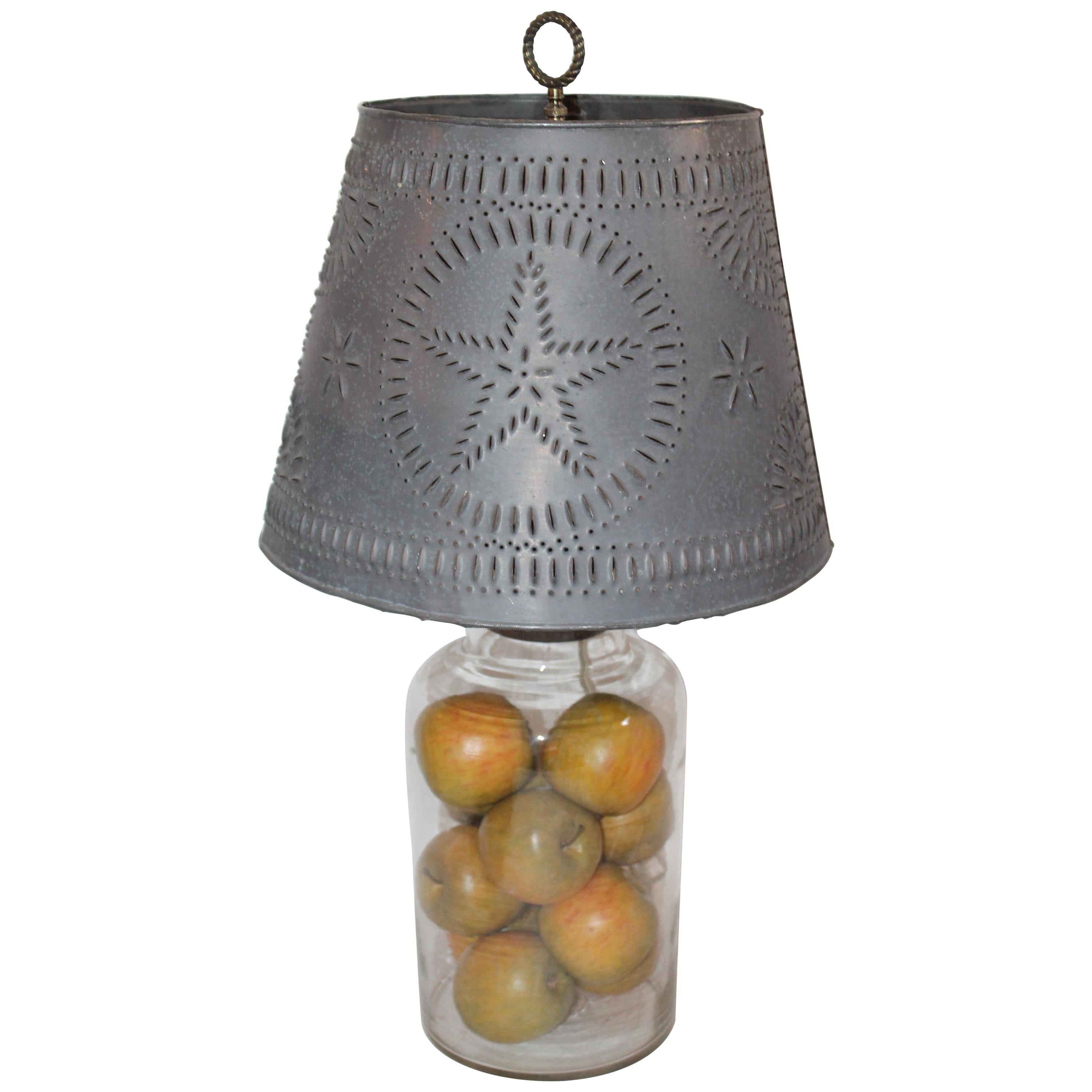 19th Century Blown Glass Lamp with Vintage Punched  Tin Shade
