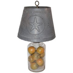 19th Century Blown Glass Lamp with Vintage Punched  Tin Shade