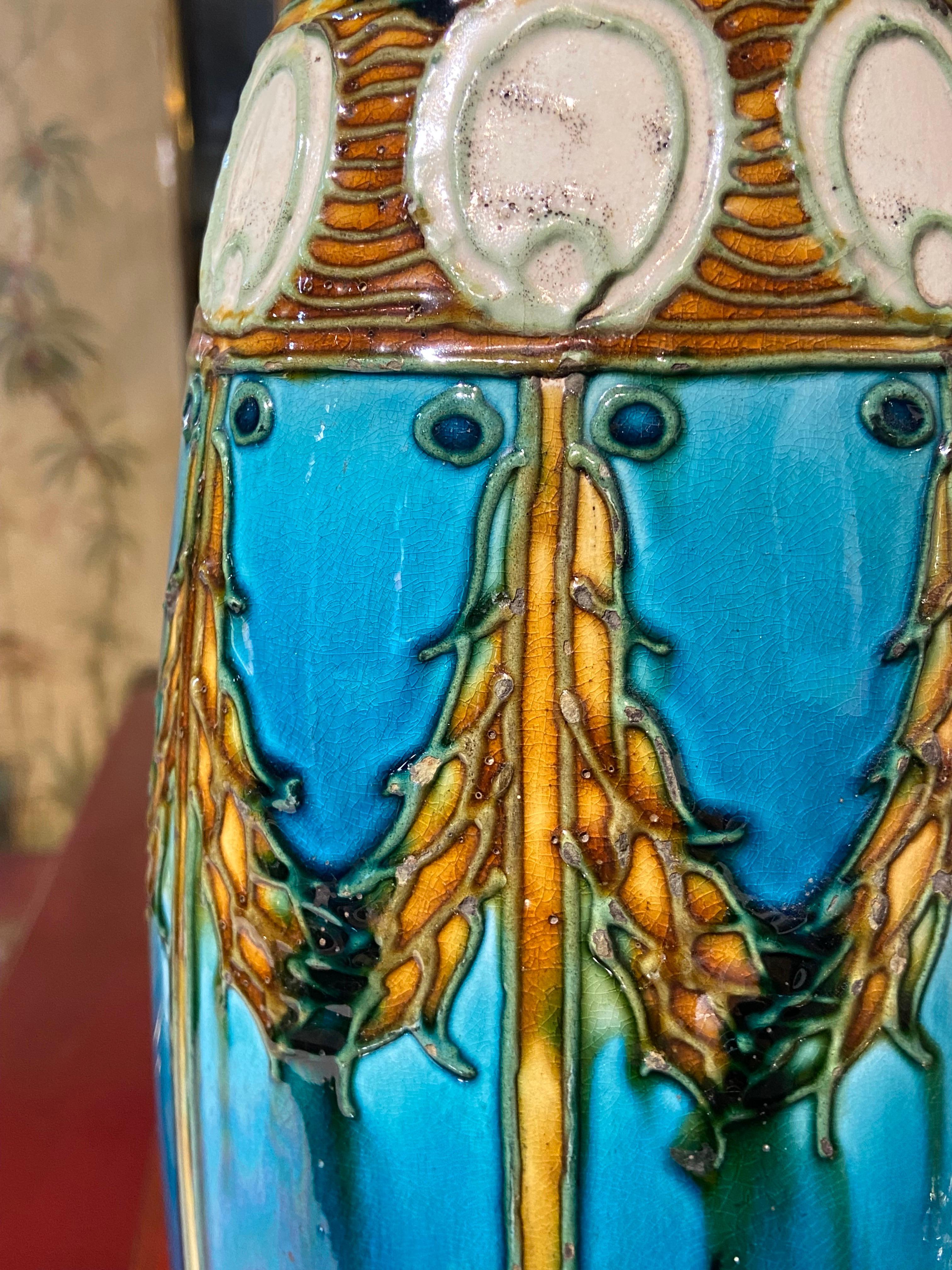 Hand-Carved 19th Century Blu Ceramic Seccessionist Art Nouveau Vase by Leon Solon For Sale