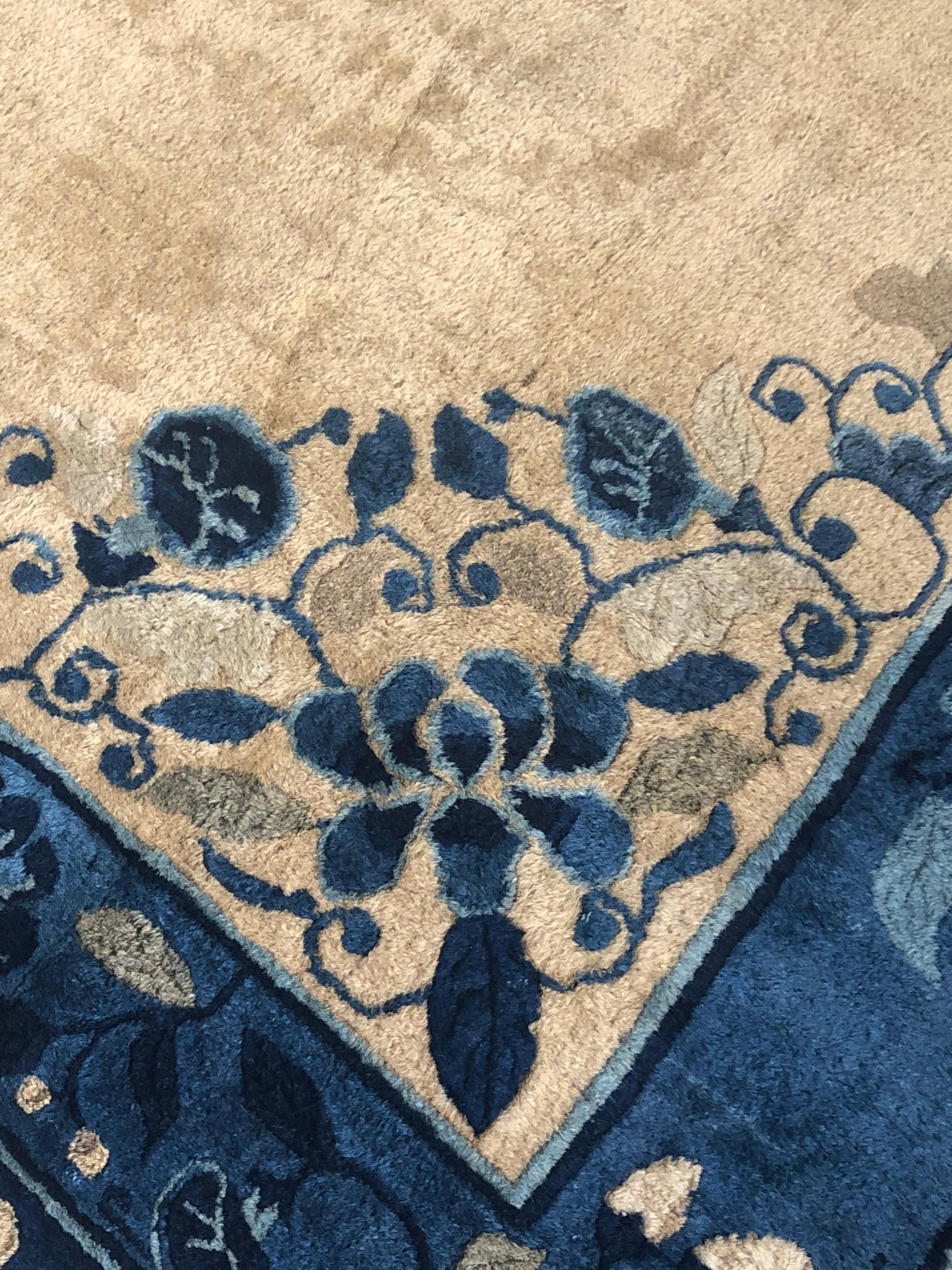 Hand-Knotted 19th Century Blue and Natural Wool Peking Chinese Rug, ca 1870 For Sale