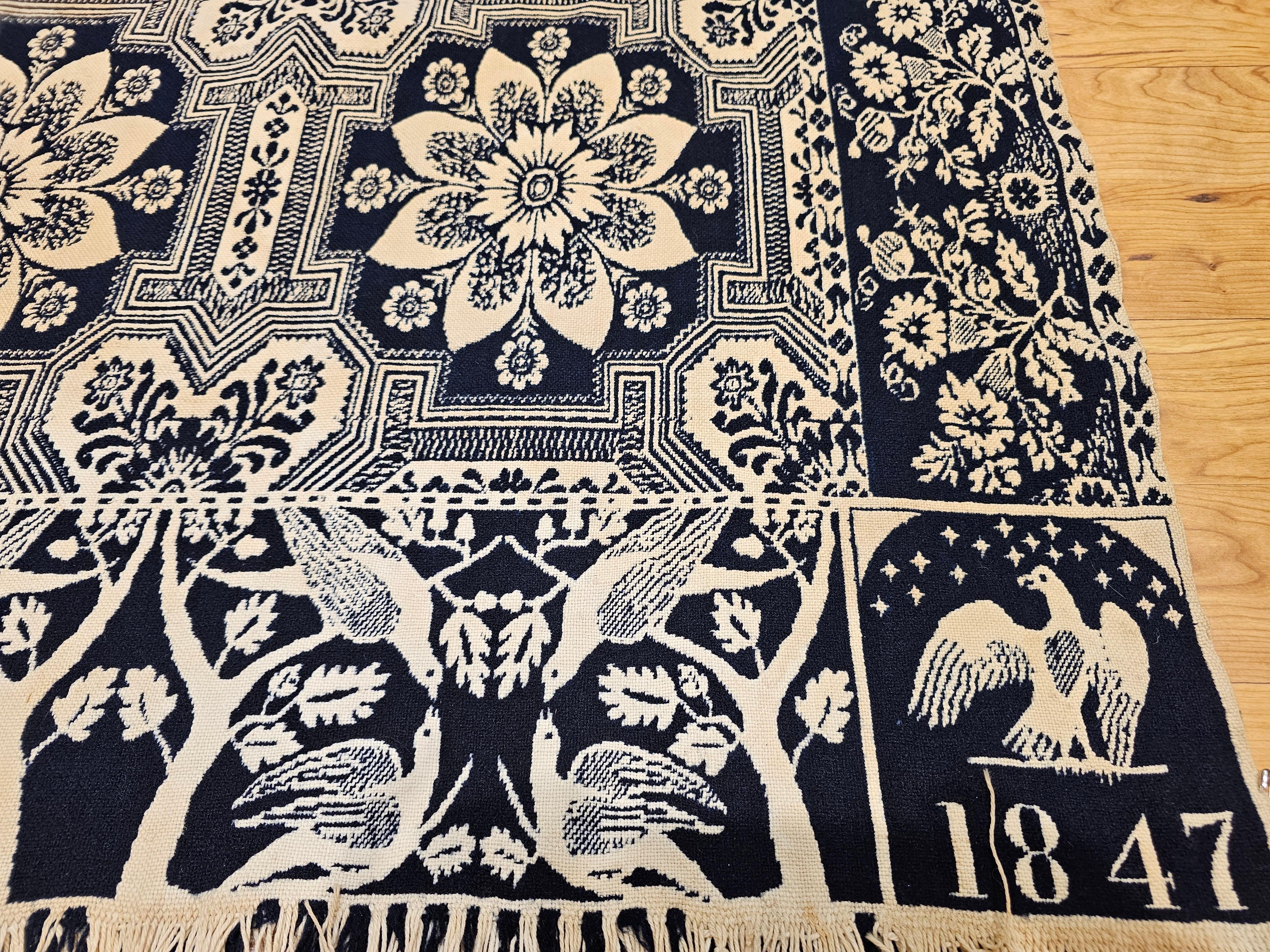 19th Century Blue and White American Jacquard Coverlet with Eagle and Stars For Sale 5