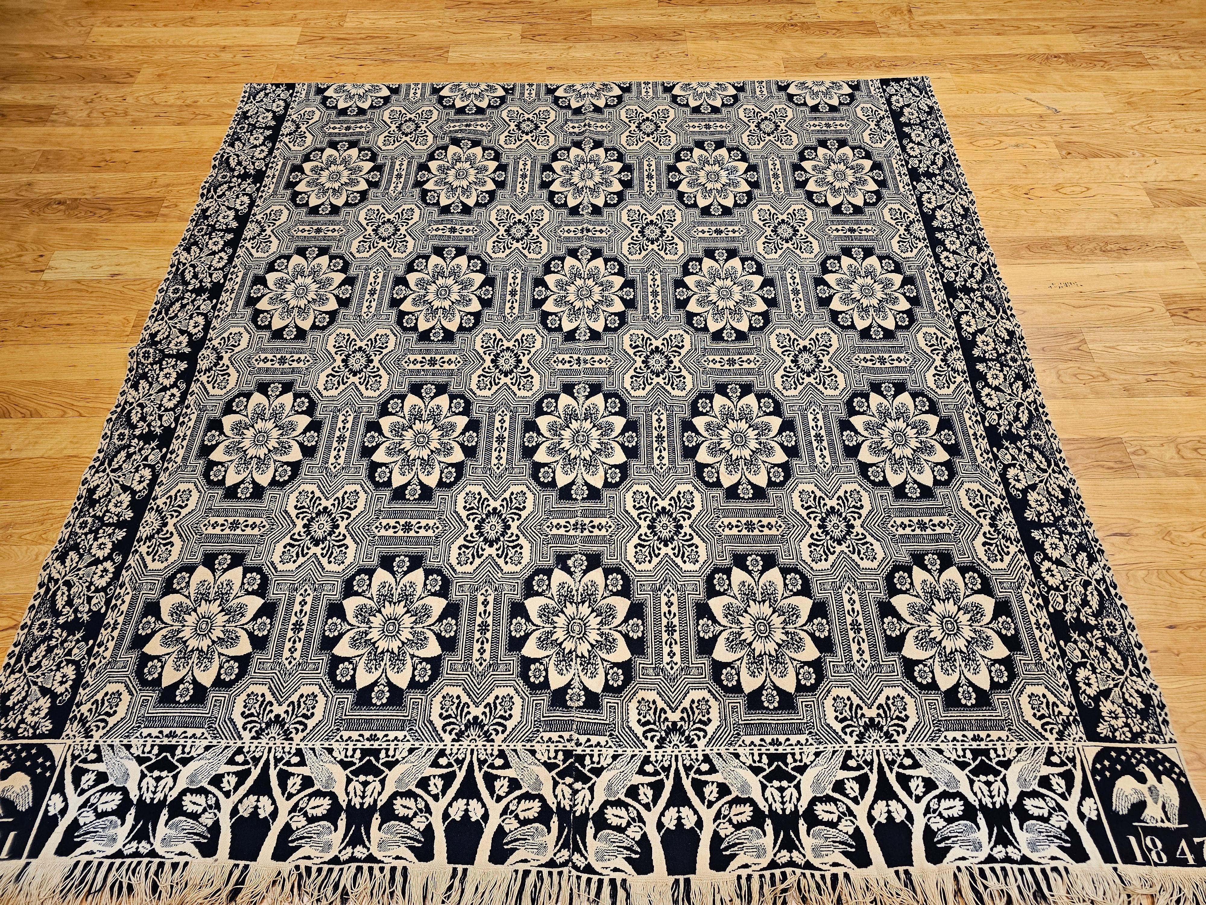 19th Century Blue and White American Jacquard Coverlet with Eagle and Stars For Sale 12