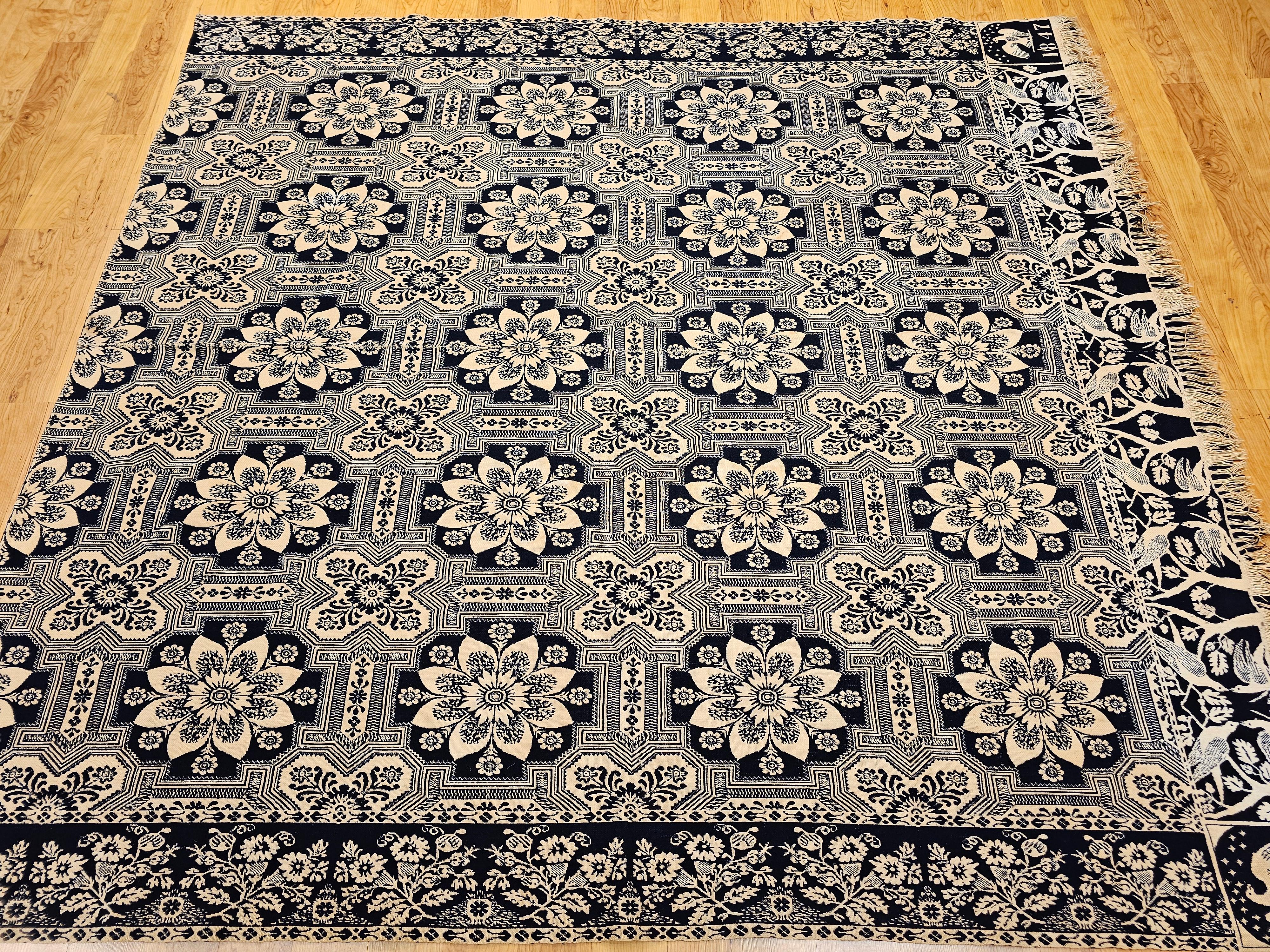 19th Century Blue and White American Jacquard Coverlet with Eagle and Stars For Sale 14