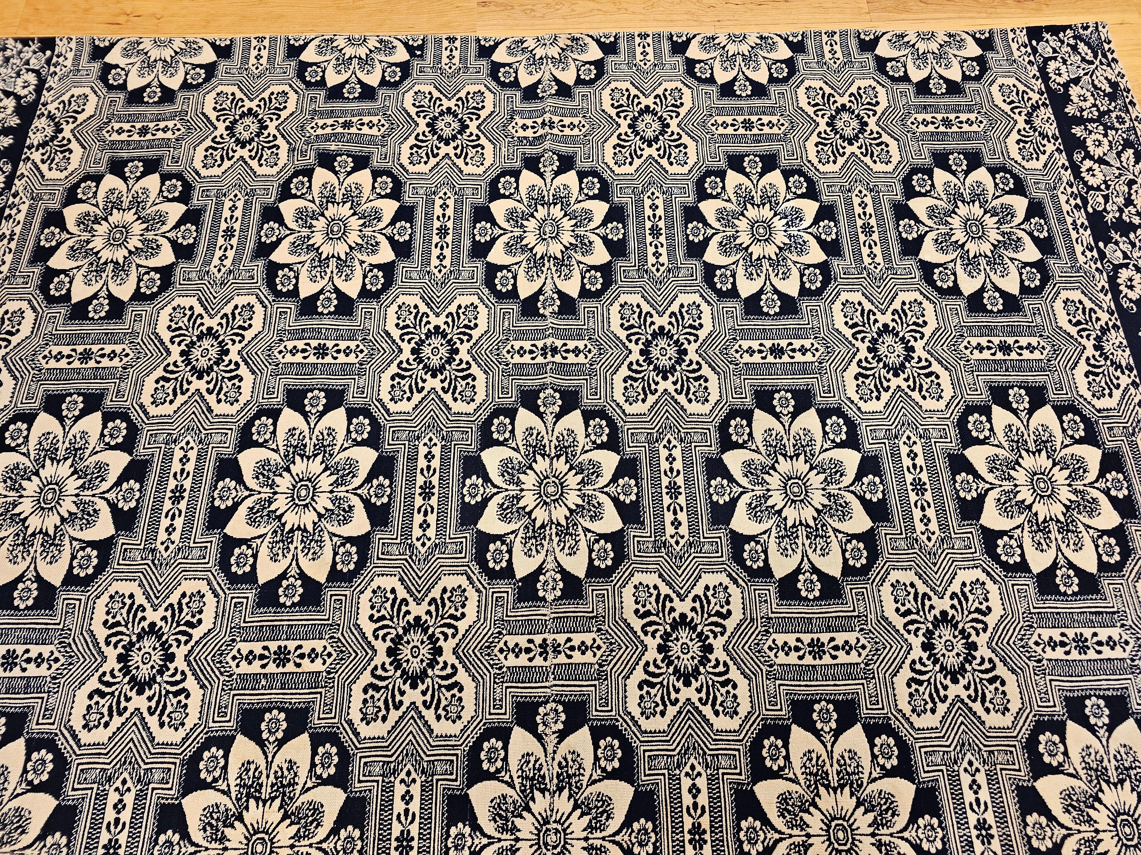 Wool 19th Century Blue and White American Jacquard Coverlet with Eagle and Stars For Sale