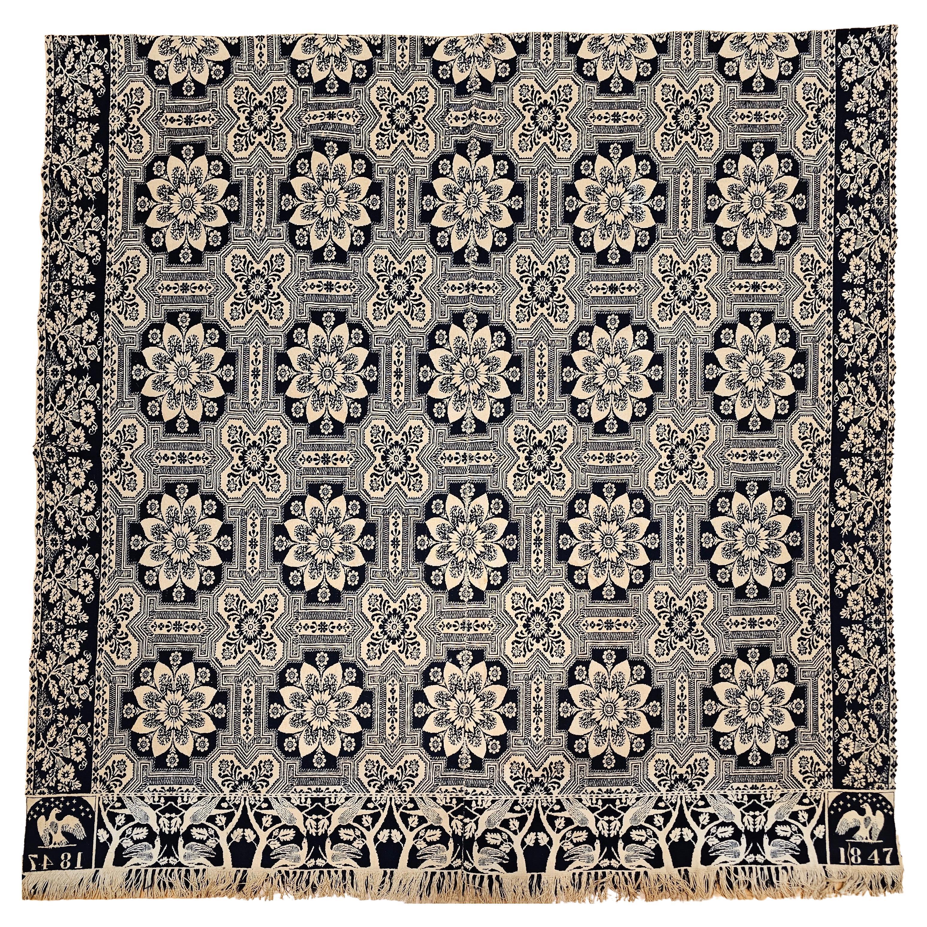 19th Century Blue and White American Jacquard Coverlet with Eagle and Stars