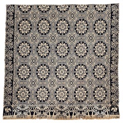 Antique 19th Century Blue and White American Jacquard Coverlet with Eagle and Stars