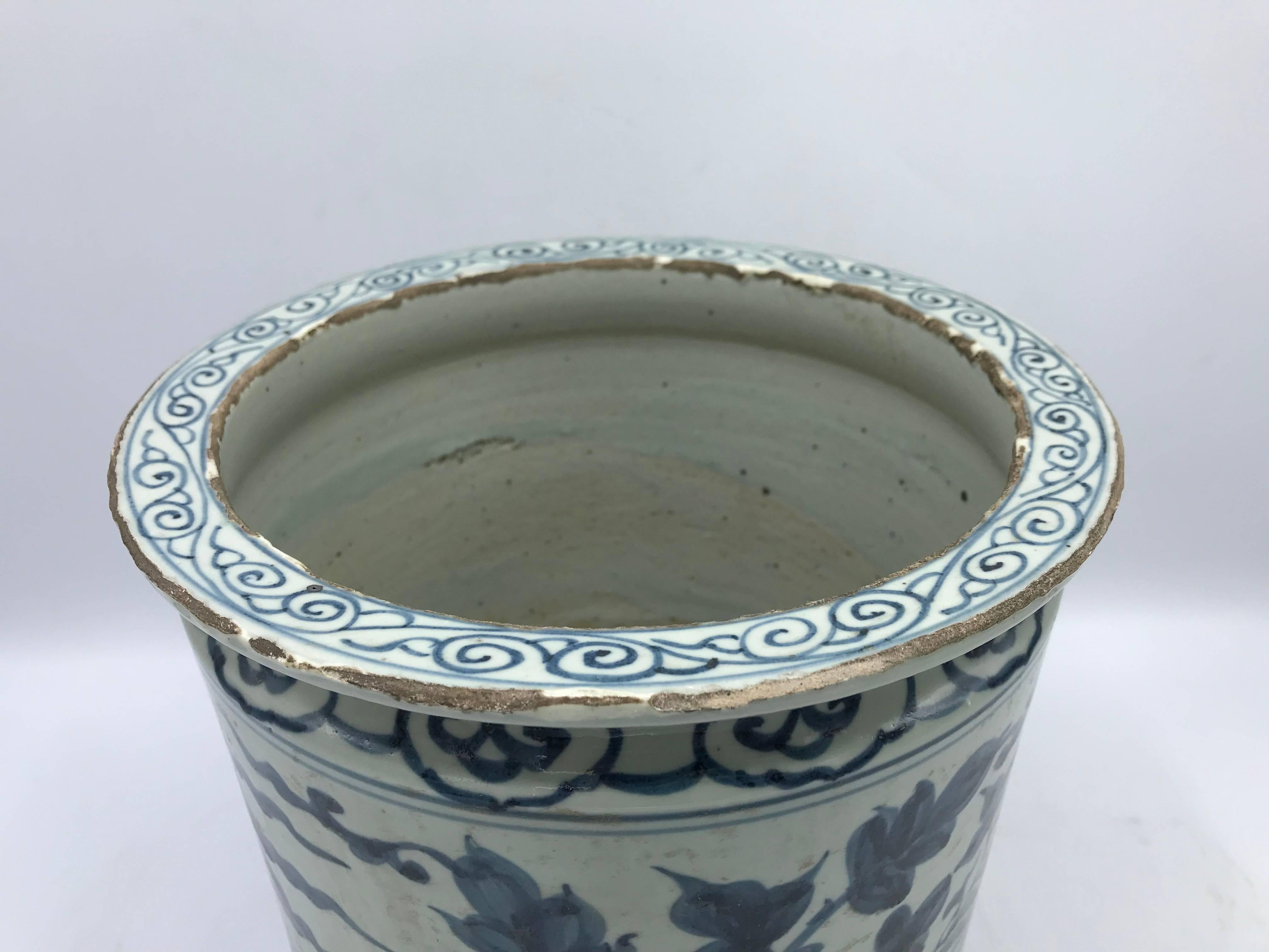 Chinoiserie 19th Century Blue and White Cachepot Planter with Peacock and Floral Motif