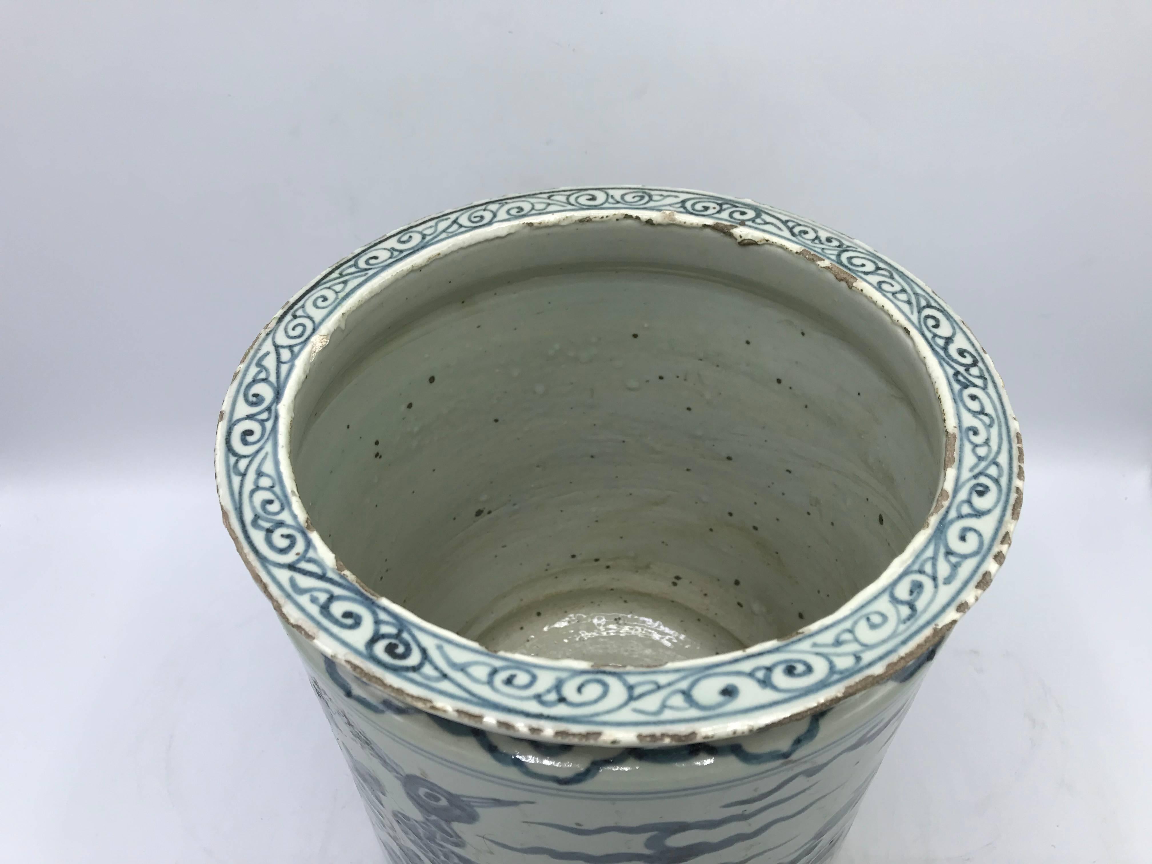 Chinoiserie 19th Century Blue and White Cachepot Planter with Peacock and Floral Motif